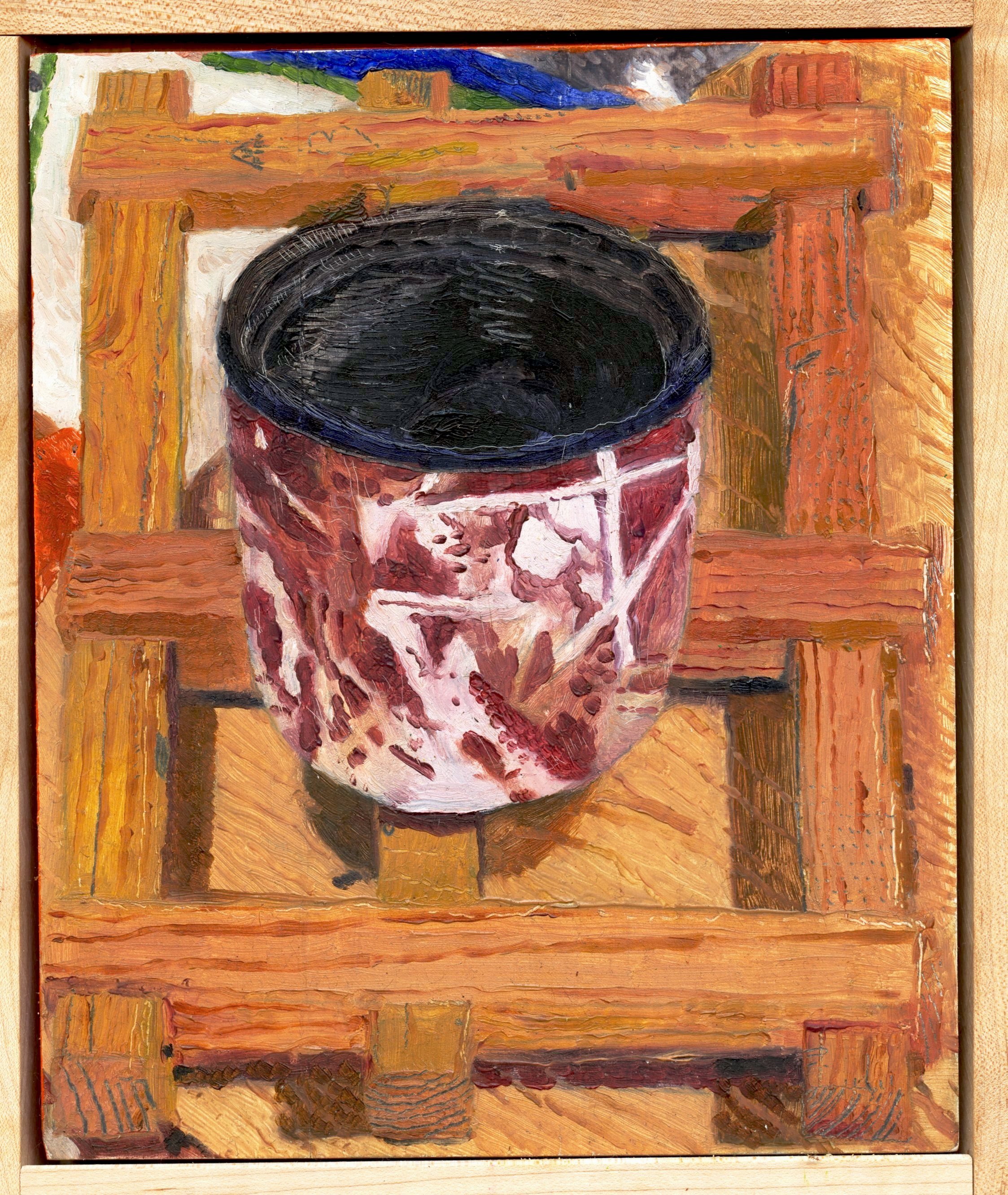 Cup on Cradle. Oil on pine with maple frame, 9" x 12". 