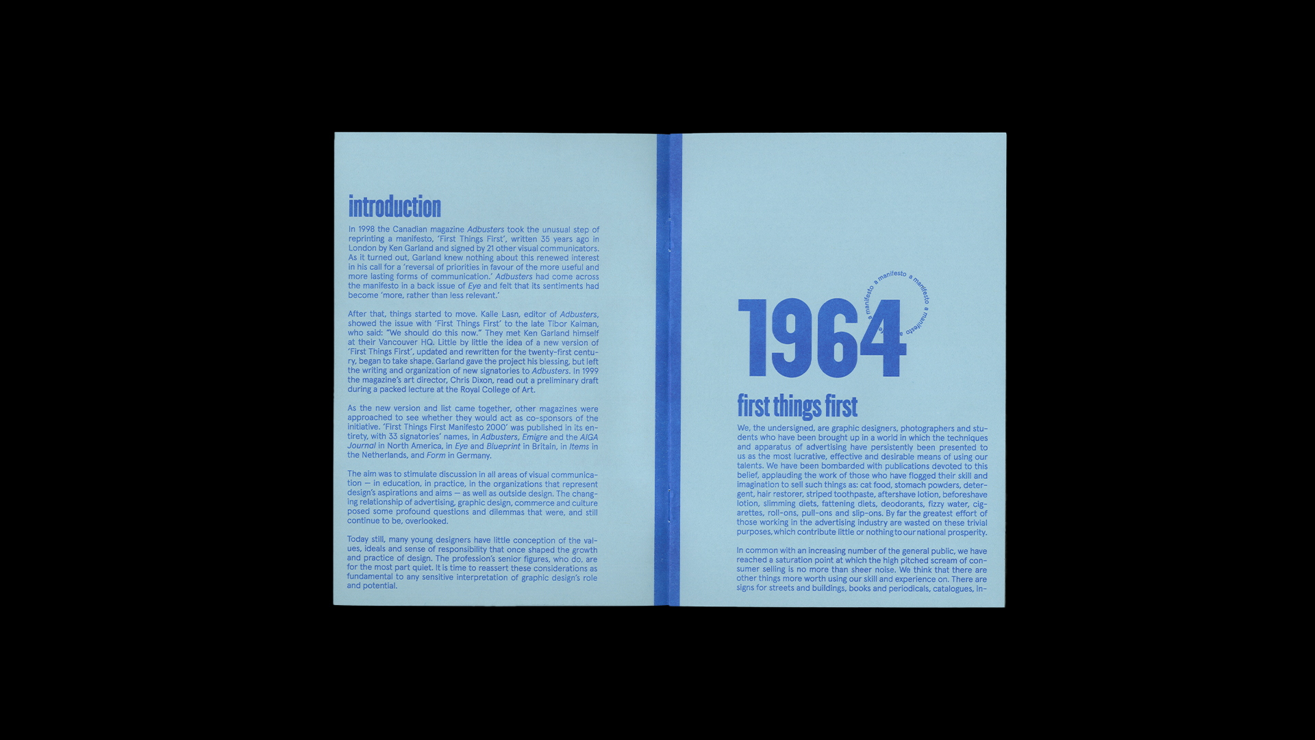 Inside spread of manifesto with Introduction text and first manifesto from 1964.