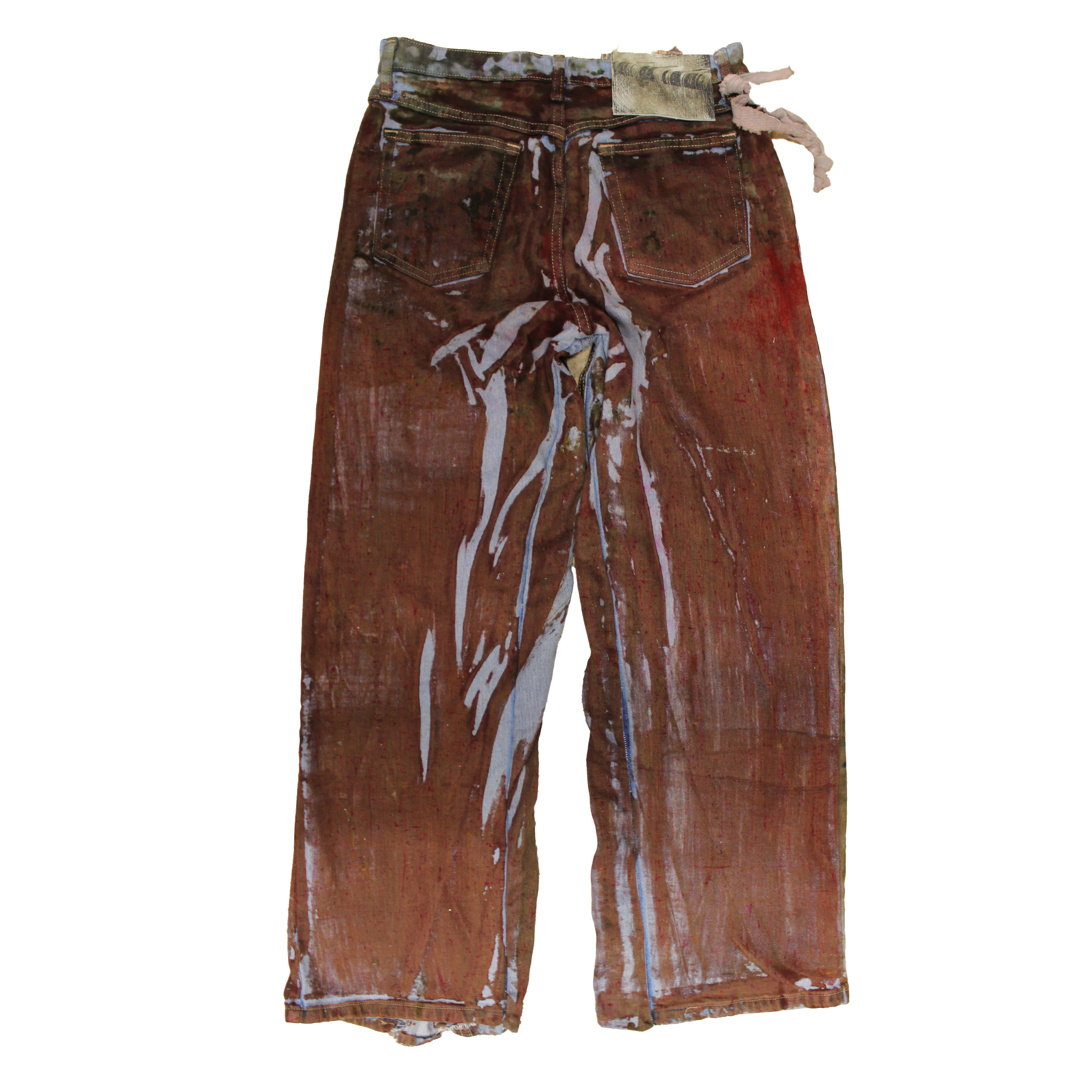 reclaimed vintage surplus denim screen printed with textile dye & various metals. tailored for straight/wide fit. fitted with custom keychain, scrap chain, and leather patches