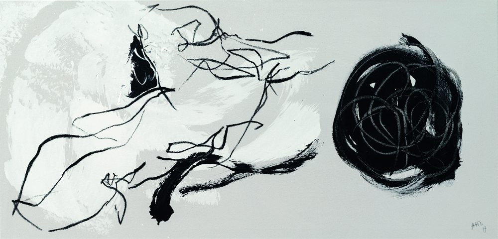 Aus der Serie "Der lange Weg des Kopffüsslers", 2017, Oil, acrylic on canvas, 85 x 175 cm