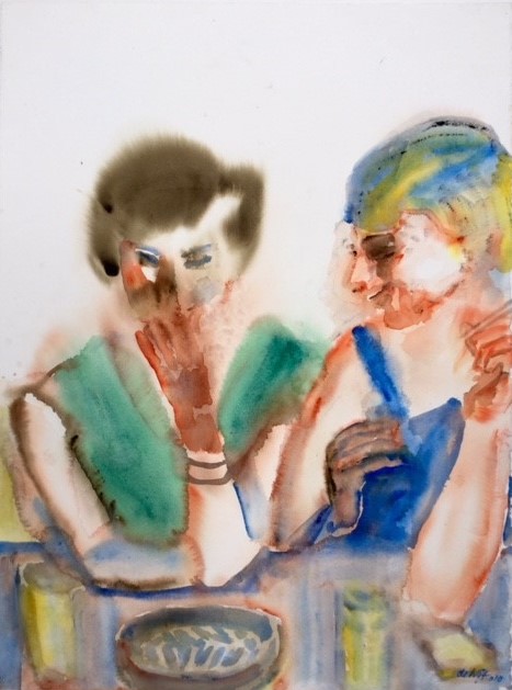 (meidengegniffel -gegiechel, in het caf&eacute;, aan de bar) twee vrouwen in caf&eacute; 2010 - watercolor 65x50 cm