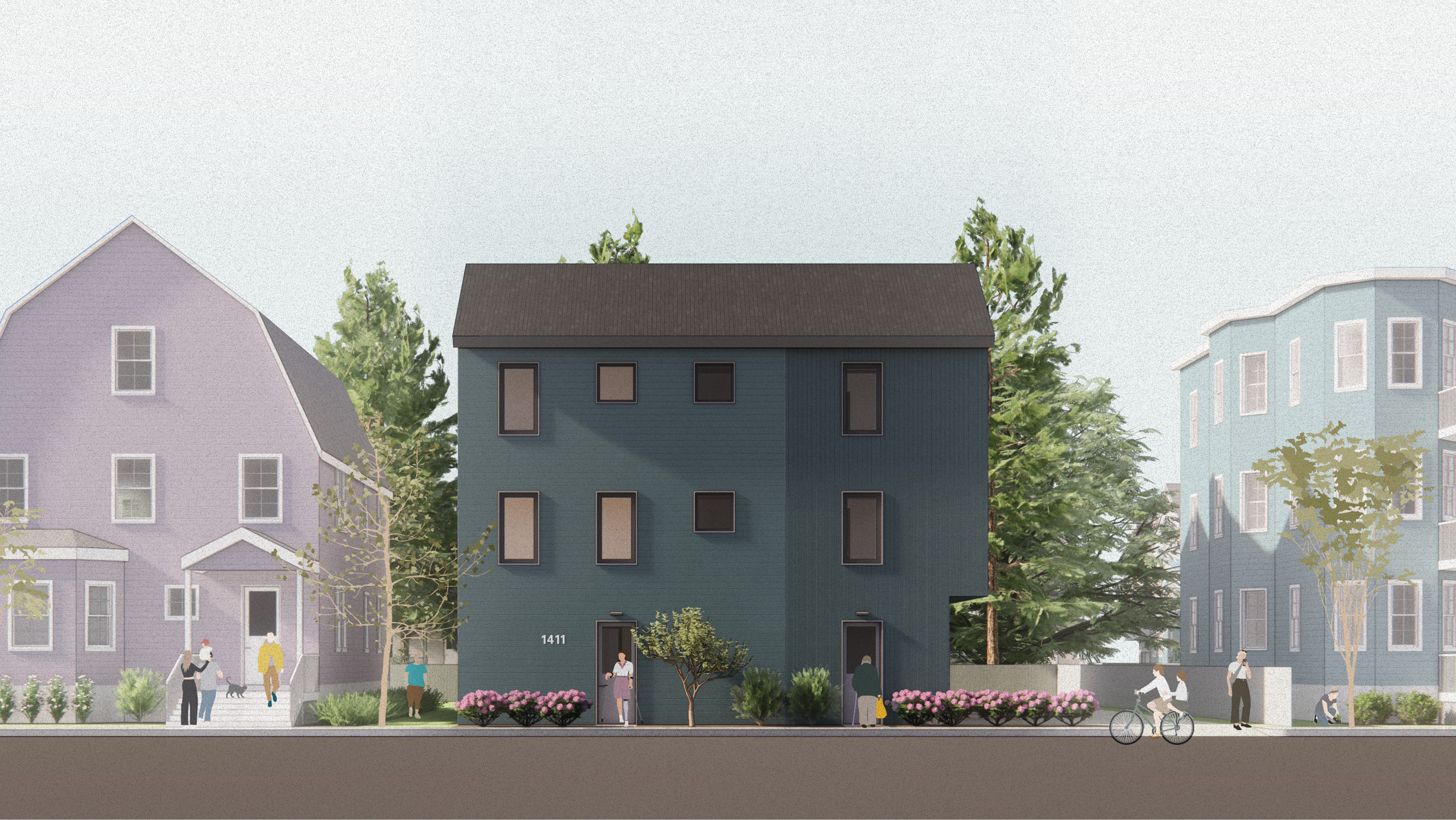 Four townhouses on an infill lot with garages at grade