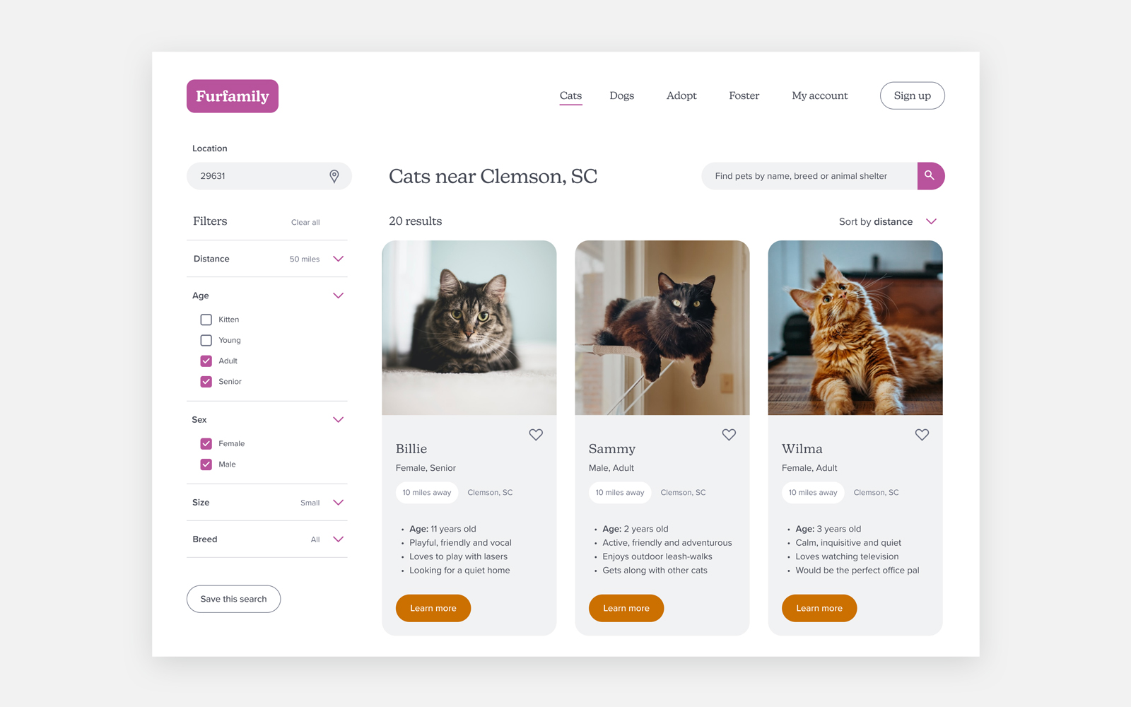 Design for a fictional pet adoption website, named “Furfamily”.