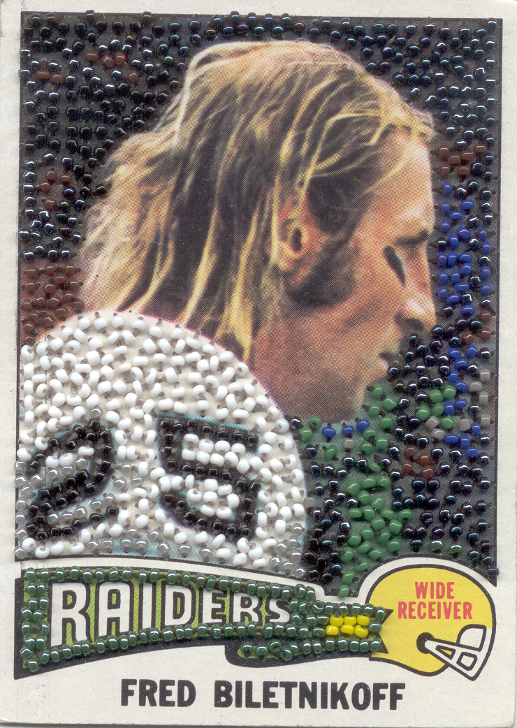 Heroes Past (Fred Biletnikoff). Beads and trading cards. 3 1/2" x 2 1/2". 1995-97.