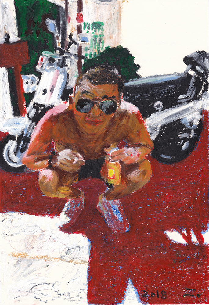 Self portrait (drinking), 2018, oil pastel on paper, 29.7*21(cm)