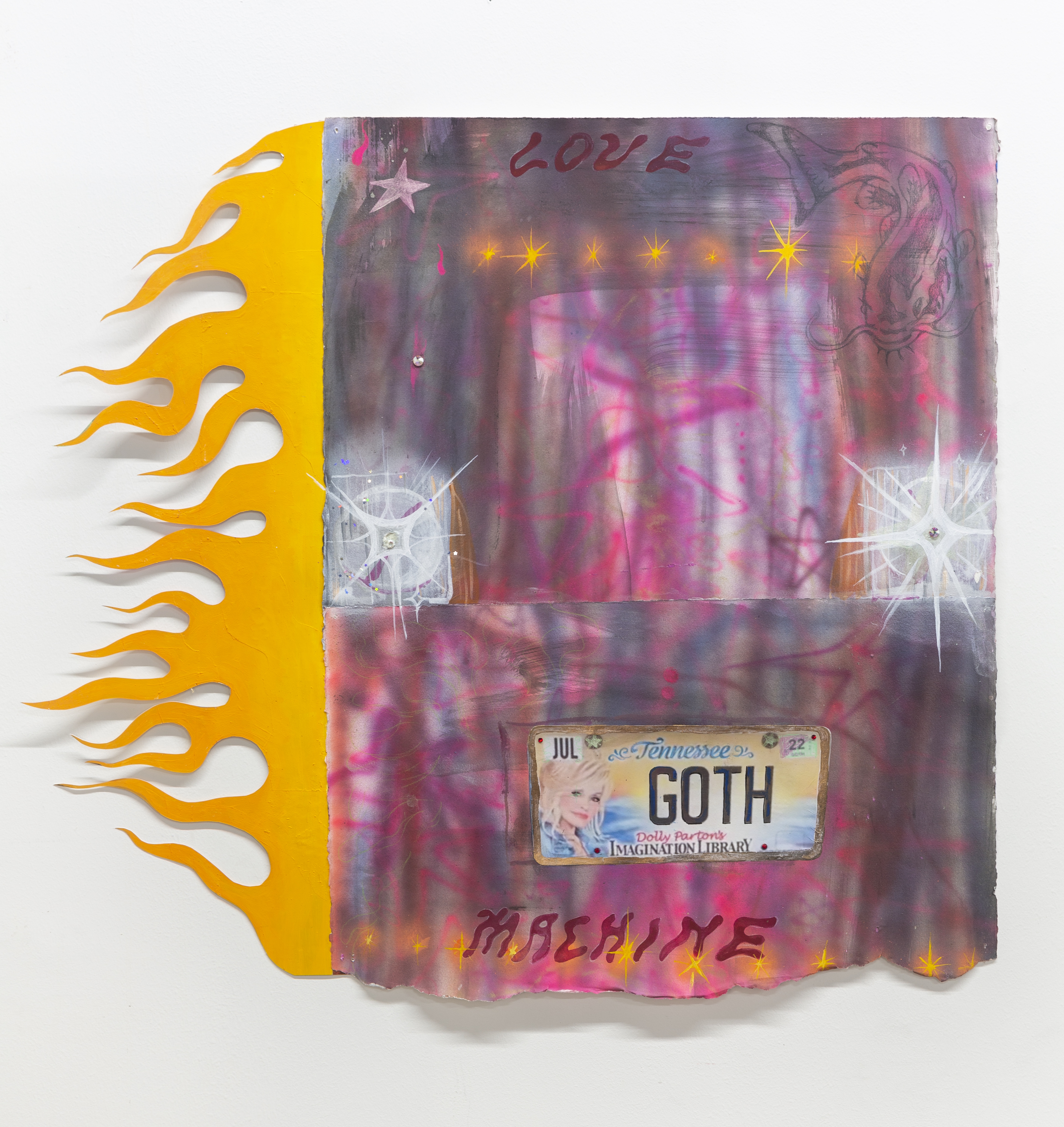 Liza Jo EilersPSY WGNAcrylic, Swarovski crystals, colored pencil, and collage on polypropylene paper and Rives BFK paper84x48"2021