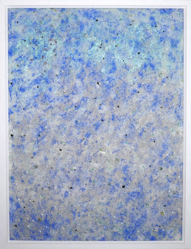 Tides; Glass, aquamarine, moss agate, citrine, crystal quartz, blue quartz aggregate, turquoise, mica flakes, pumice, and sand on digitally printed canvas, 32”x42” (includes 2” frame)