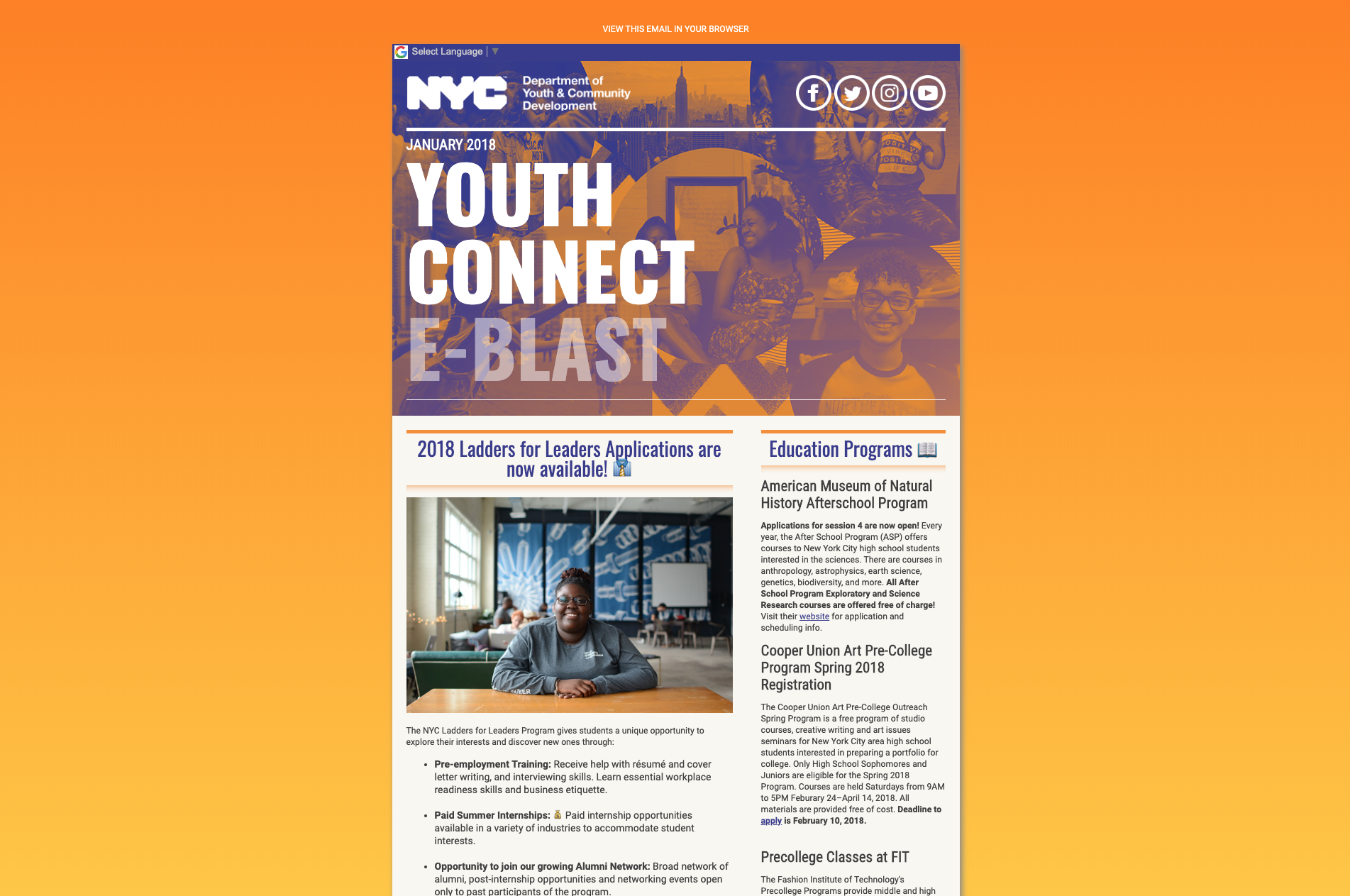 Screenshot of the DYCD Youth Connect email newsletter coded and designed to appeal New York City youth.