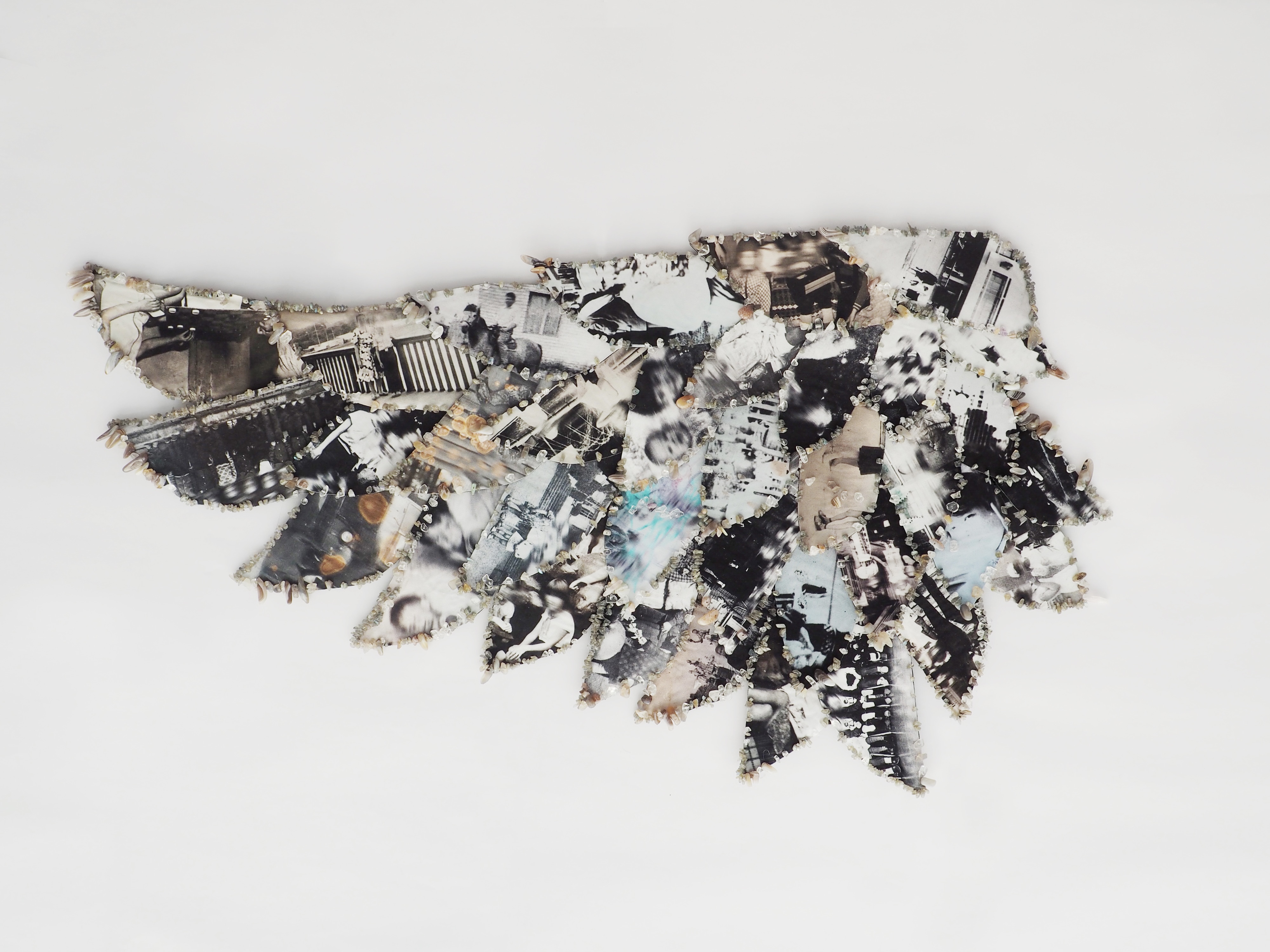 Crystallised Memories, 2025 Canvas, retouched archival family photos printed on textile, felt, agate chips, labrodarite chips, quartz chips. 32 1/4 x 18 1/2 in