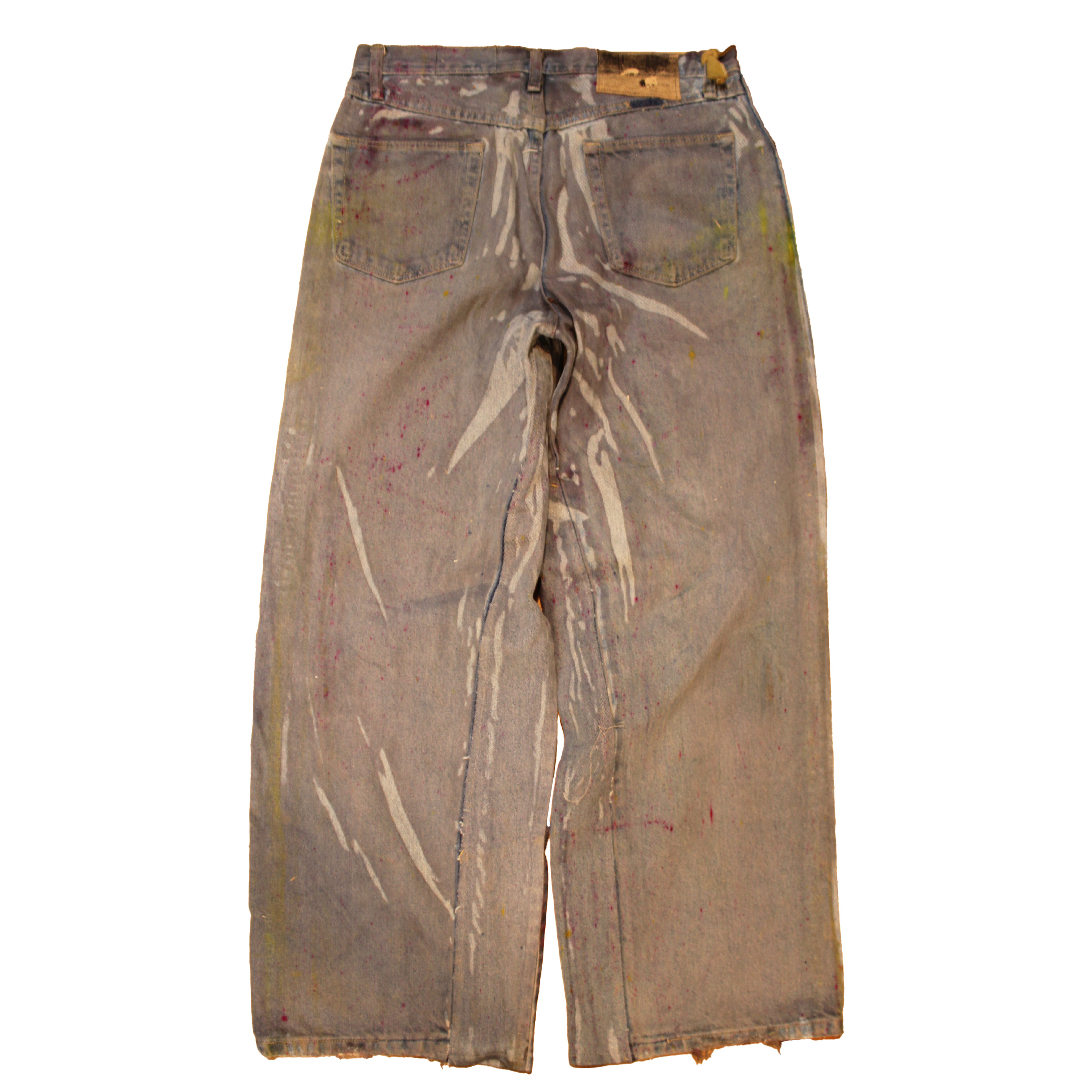 reclaimed vintage surplus denim screen printed with textile dye & various metals. tailored for straight/wide fit. fitted with custom keychain, scrap chain, and leather patches