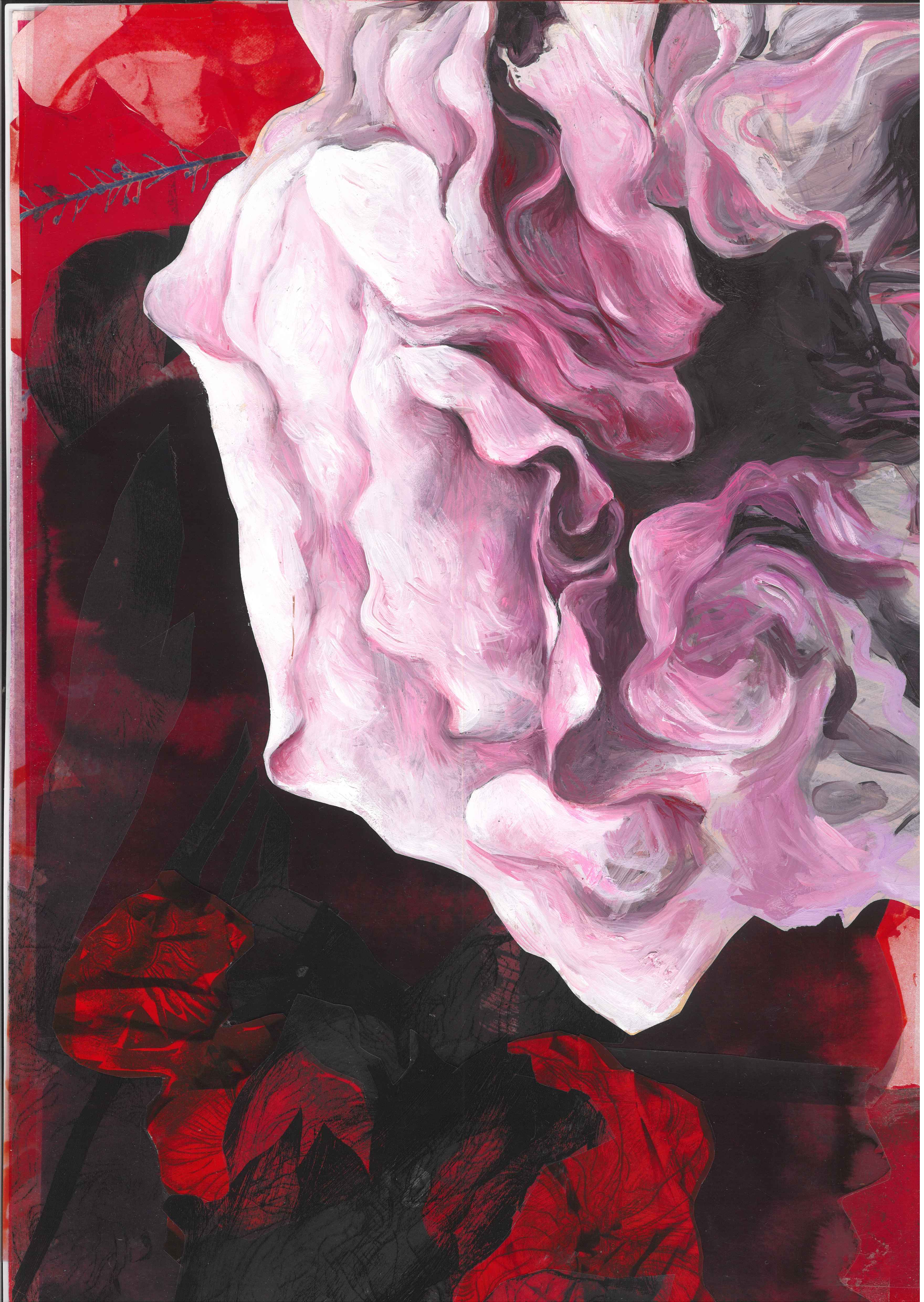 Ophelia #9 (Work in progress)Ölfarbe auf Papier, Collage mit verfremdeten Fotomaterial sowie Radierung, 28 x 44cmBuchprojekt „Es neigt ein Weidenbaum sich übern Bach“ Ophelias Tod nach Shakespeare2022-2023