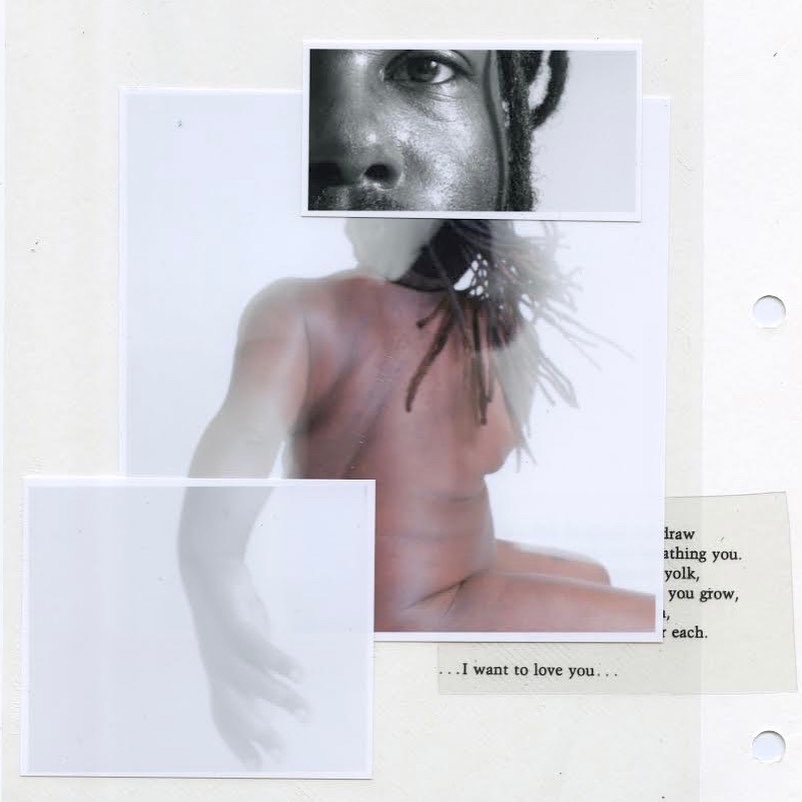 A collage of several photographs and text. In the middle is a blurry, partially twisted, as if in motion, nude body with medium dark skin and long dreadlocks, above this is a small portion of a nose and cheek, and in the bottom right is text which, along with illegible cutoff text reads: “…I want to love you…”