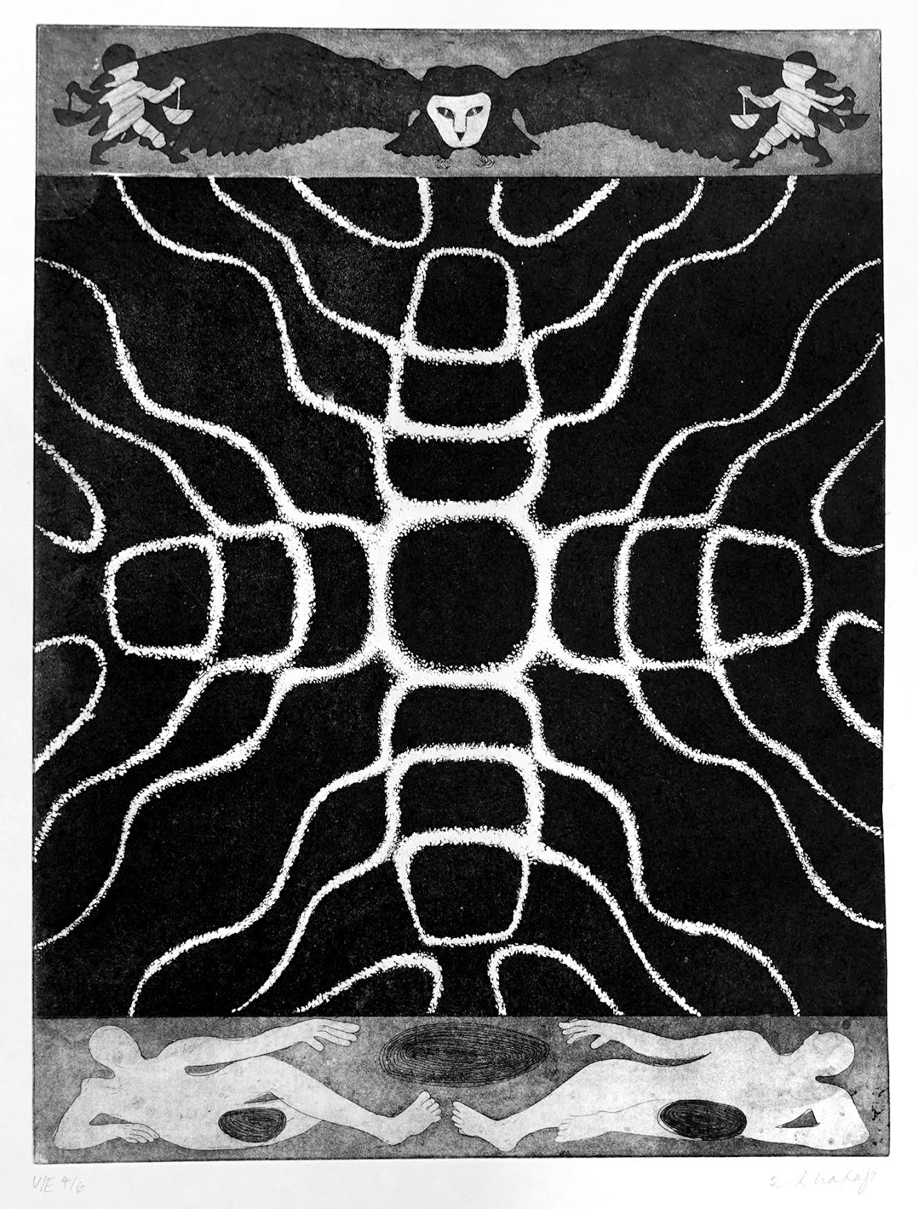 Resonance (2025) by Ella Khafaji. Steel plate etching. 30 x 40 cm. 