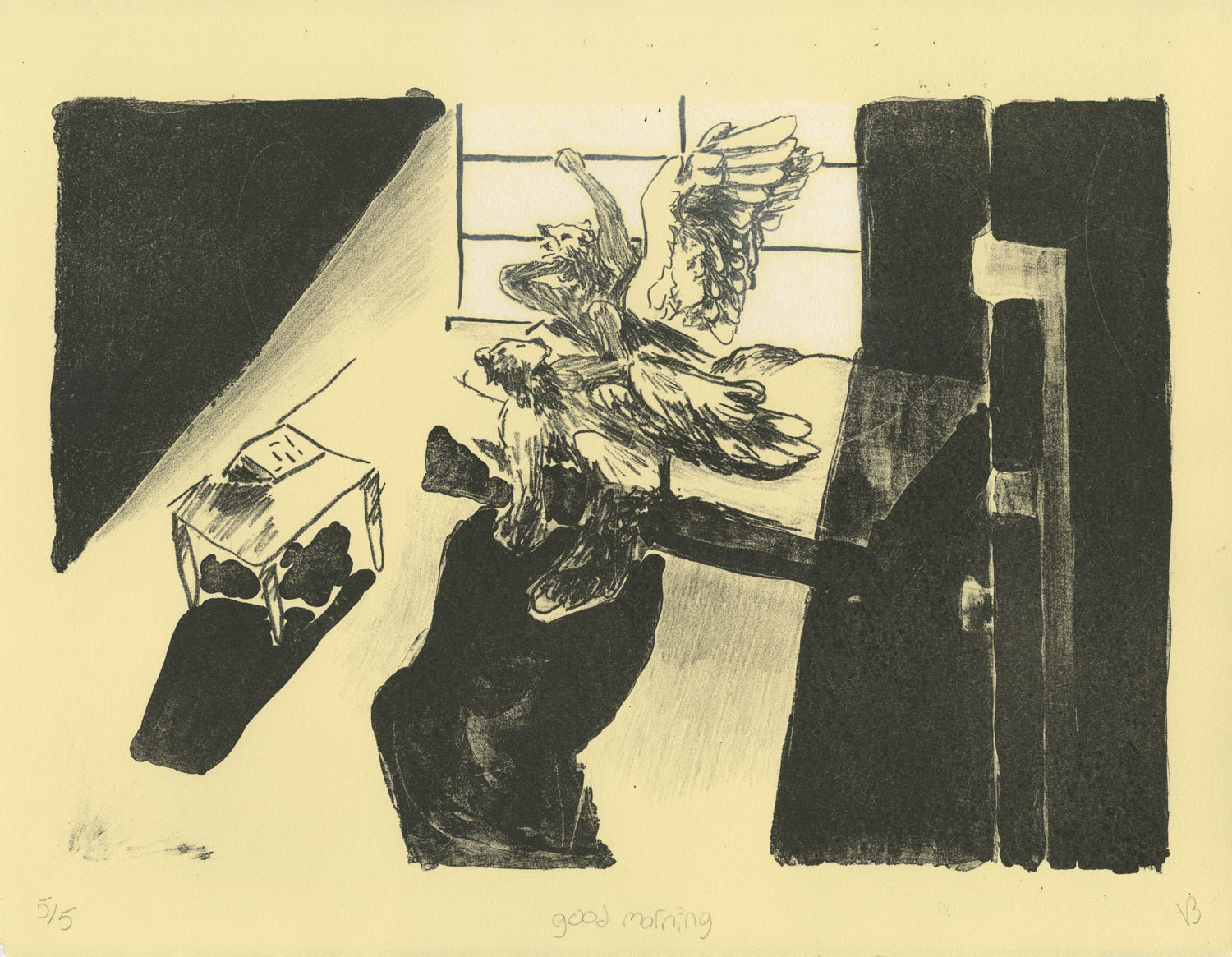 Good Morning2022, Stone lithograph, black ink on cream paper with white chalk pastel, 11x15