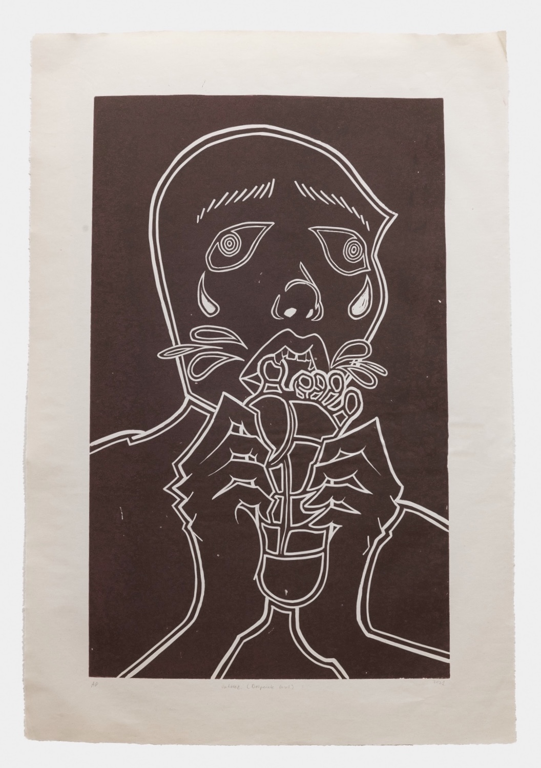 Untitled (Desperate girl) | Linocut on newsprint | 16 x 23 in | 2021