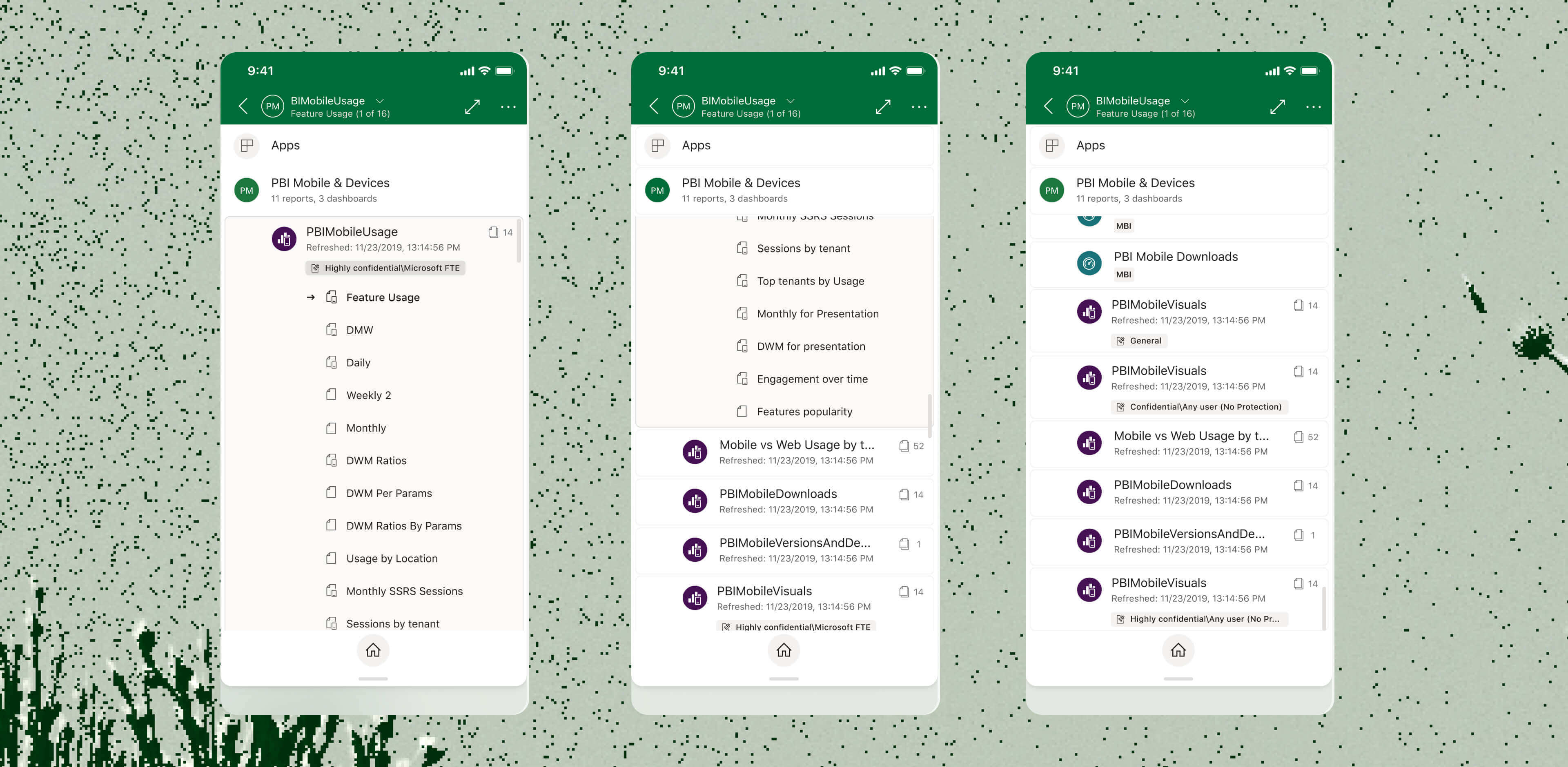 "BIMobileUsage" report navigation tree. Showing the report has 14 pages, the user is on page 1.The report is located in an "App" with other items, showing them in the long scroll.