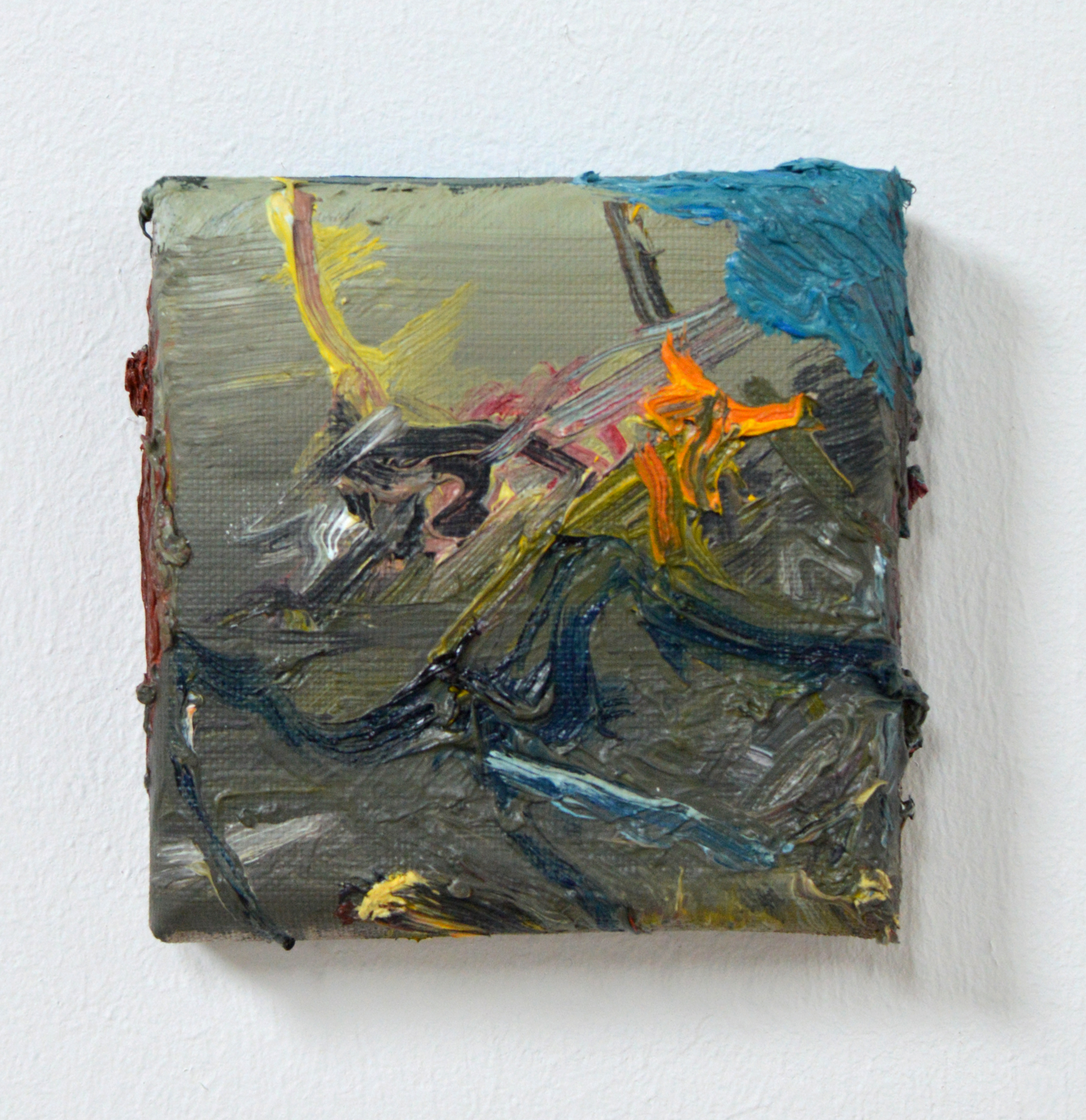 In the end his voice will be the sound of elevator doors, oil on linen, 14 x 14 cm, 2021