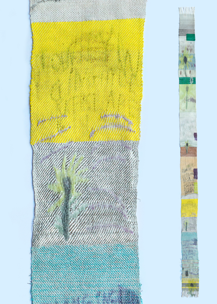 Detail. Handwoven fabric of polyester, lurex, cotton, wool, and nylon. Warp printed with sublimation inks.