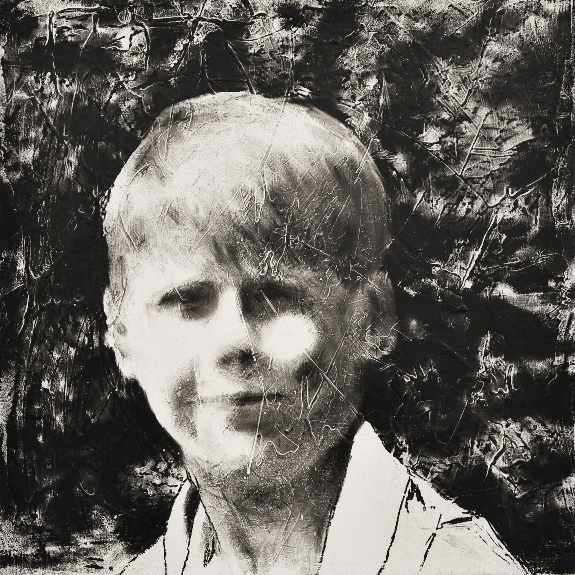 Brugge boy, 2017, charcoal, industrial paint on abandoned canvas, 50*50(cm)