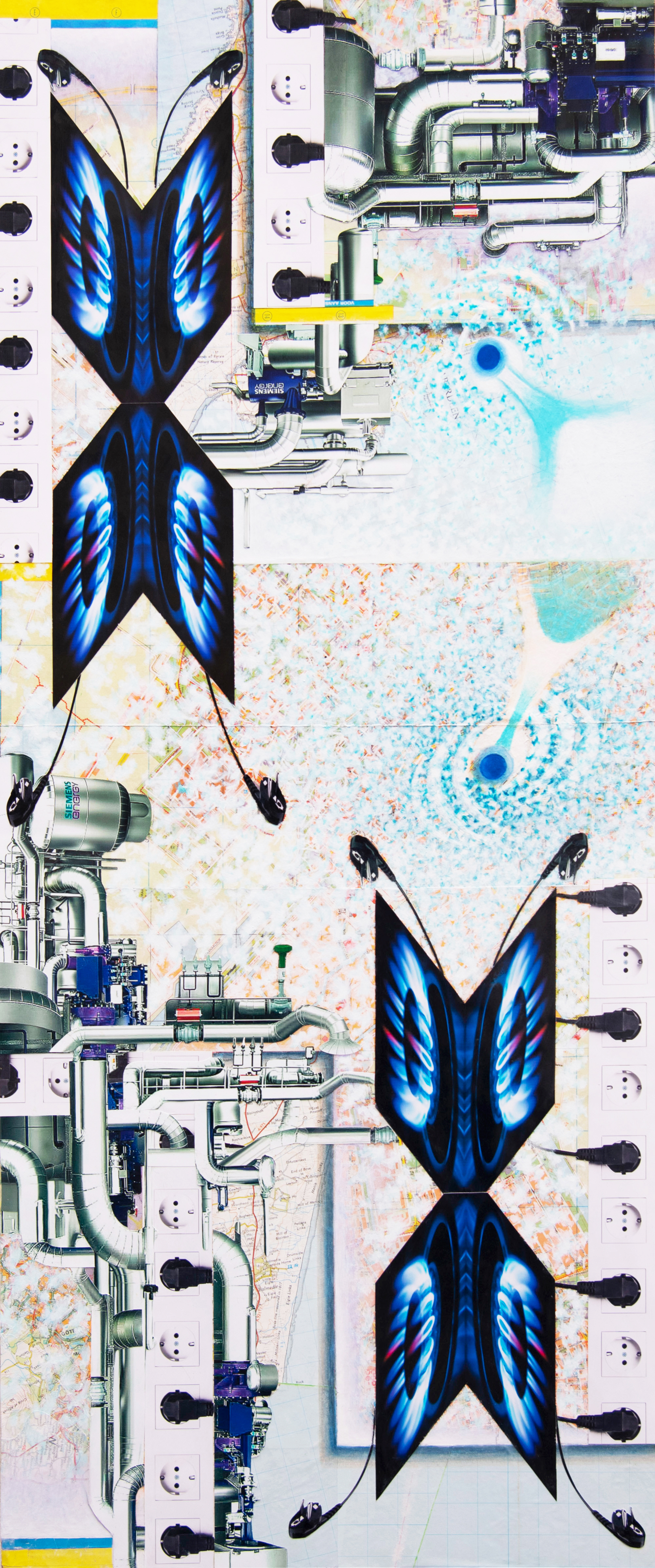 Energy Swarm #4 (Station Togawa), Acrylic and Ink on Map Collage, 44*104 cm, 2022