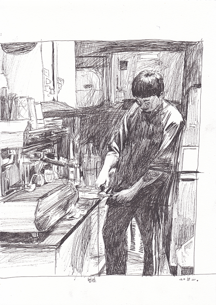 커피를 내리는 친구, 2018, pen on paper, 29.7*21(cm)