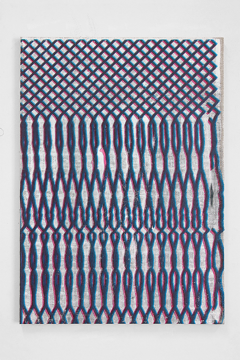 Grid Aberration, 2013, silkscreen ink and acrylic on canvas mounted to panel, 23 x 16.5 inches