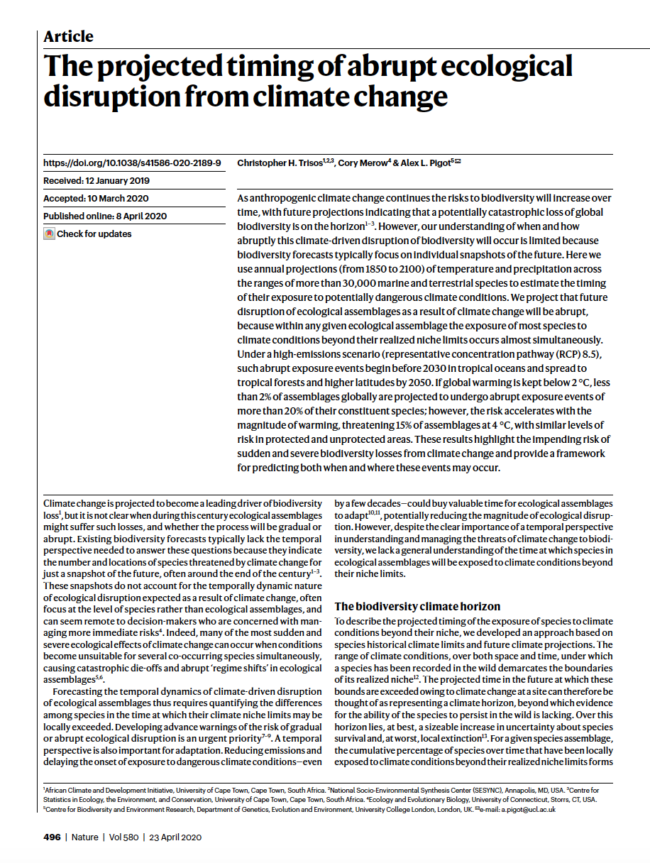 Trisos, C.H., Merow, C. & Pigot, A.L. The projected timing of abrupt ecological disruption from climate change. Nature 580, 496–501 (2020).