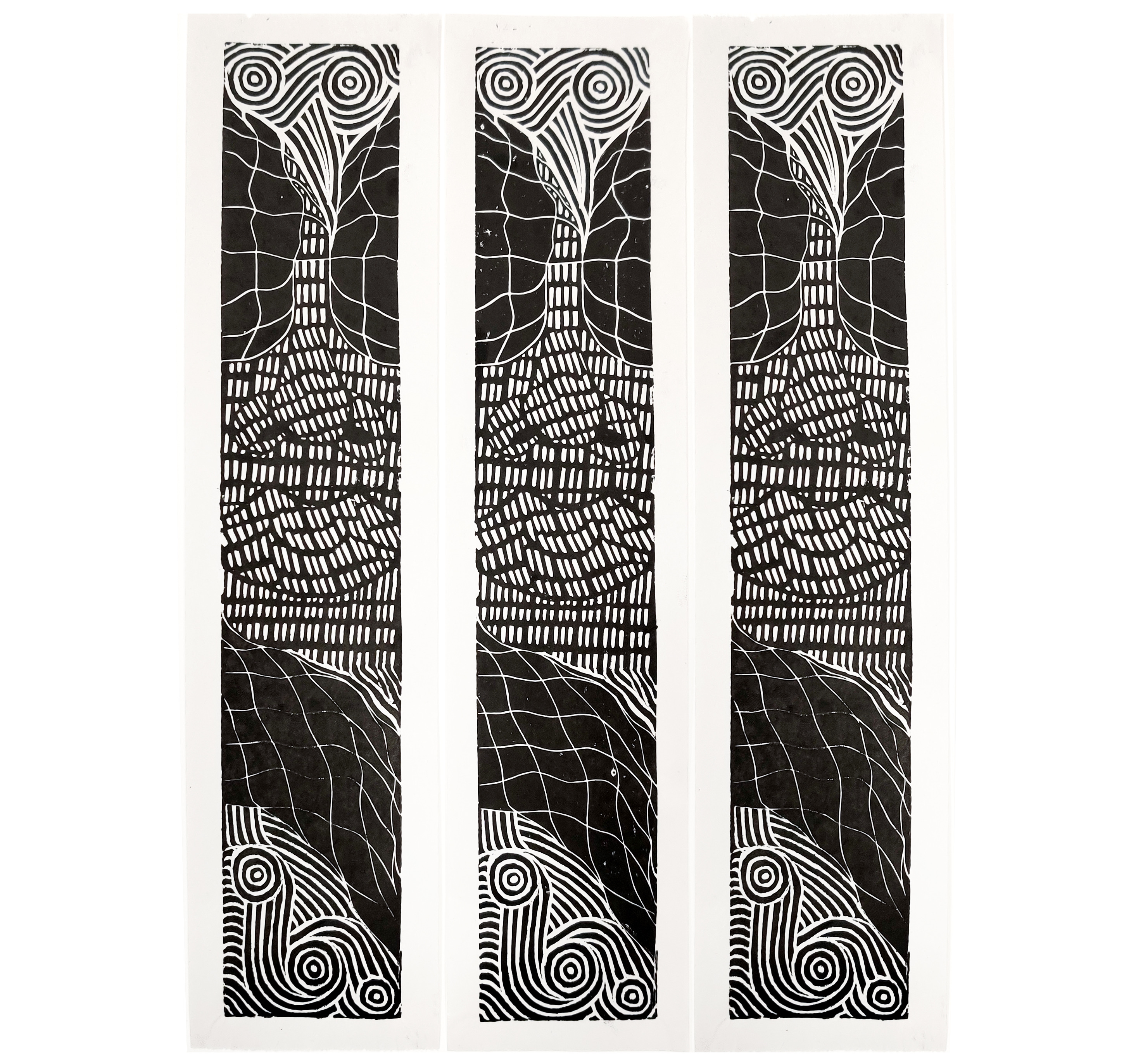 Untitled (Triptych) | Linocuts on newsprint | 7&frac12; x 10 in | 2021 | Photographed by Dara Etienne