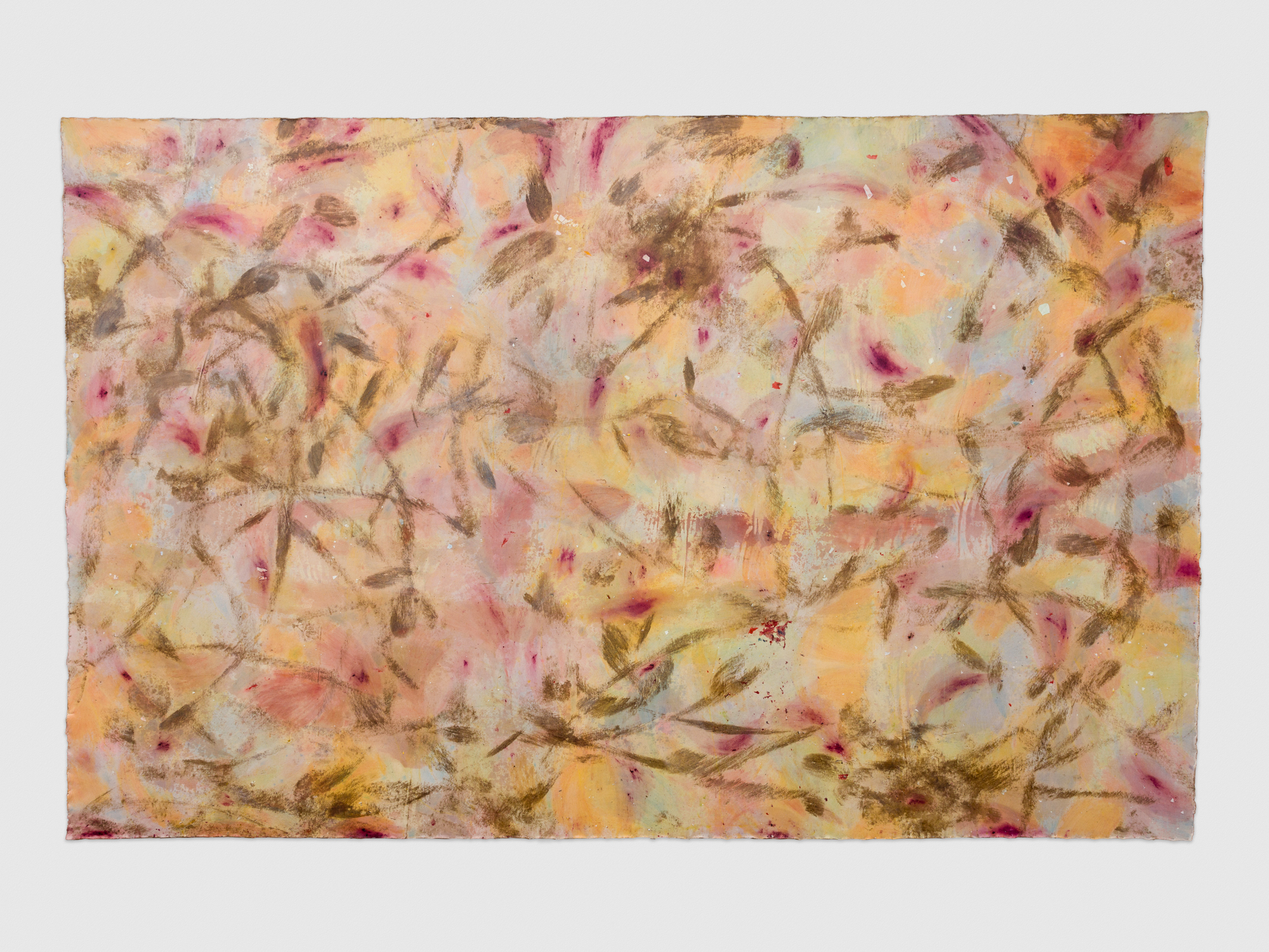 'Untitled', screenprinted watercolor monotype, hide glue, colored pencil, walnut ink, pokeberry ink, debris on canvas, 120" x 84", 2023