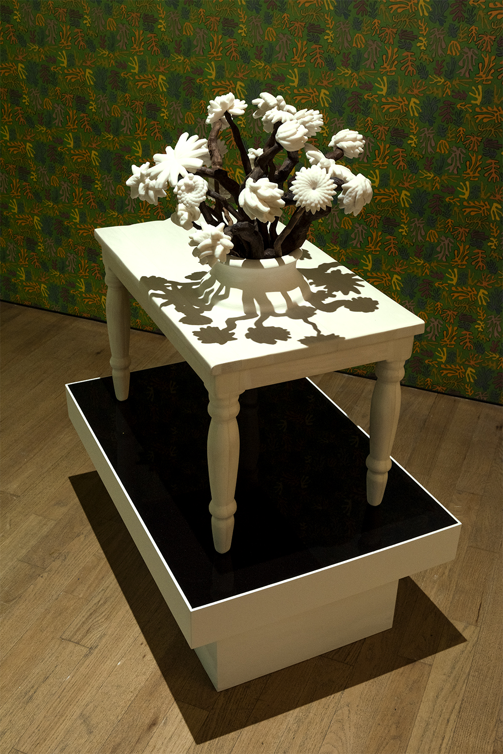 The Ruins, September 10–October 25, 2020 at bitforms gallery in NY, Matissesque , 2020, Custom augmented-reality wallpaper, custom augmented-reality software application, tablet, dimensions variable; The Still Life With Flowers by Henri Fantin-Latour, 2019, 3D-printed resin, pigmented silicone, walnut, basswood, and maple, custom pine and Plexiglass pedestal, 34 x 29.5 x 19 in / 86.4 x 74.9 x 48.3 cm, sculpture, 48 x 36.5 x 24.5 in / 121.9 x 92.7 x 62.2 cm, overall with bases