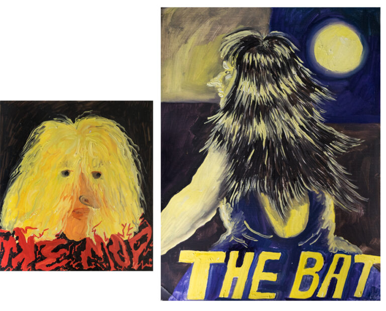 2 paintings. The first painting is of a person with long shaggy blonde hair. It is covering their face and their eyes are poking out of the hair. There is text that reads: "The Mop". The second painting is of the back of a persons head, the moon in the top right hand corner. Their hair is shiny, long and black, and spikes out on the sides. There is text that reads: "The Bat".