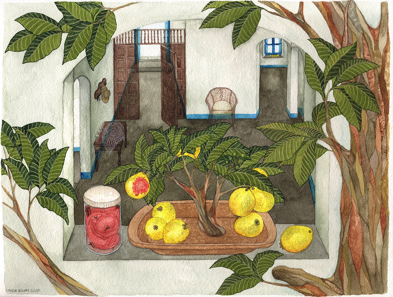 Rosa Maria Unda Souki El recibidor de guayabas, 2025 Aquarelle, gouache et crayons de couleur sur papier 31 x 41 cm Courtesy de l'artiste et de Dilecta