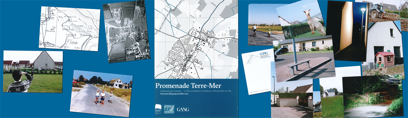 Le poster/carte de la promenade Terre Mer et les cartes postales produites pendant la résidence.