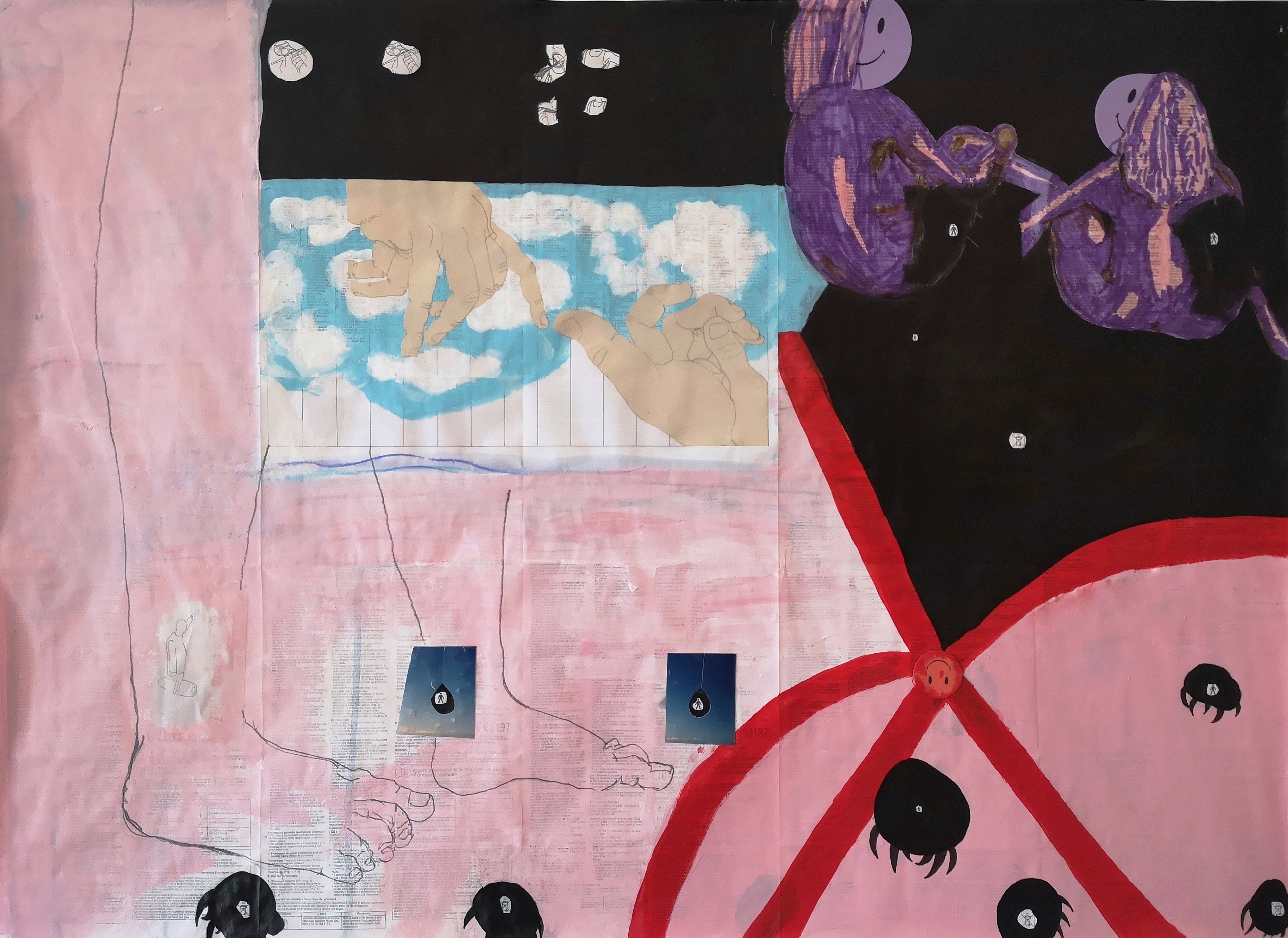 temperatura ideal ao convívio, 2020 (acrylic ink, markers, pencil and cut-outs on package insert; 54x74cm)