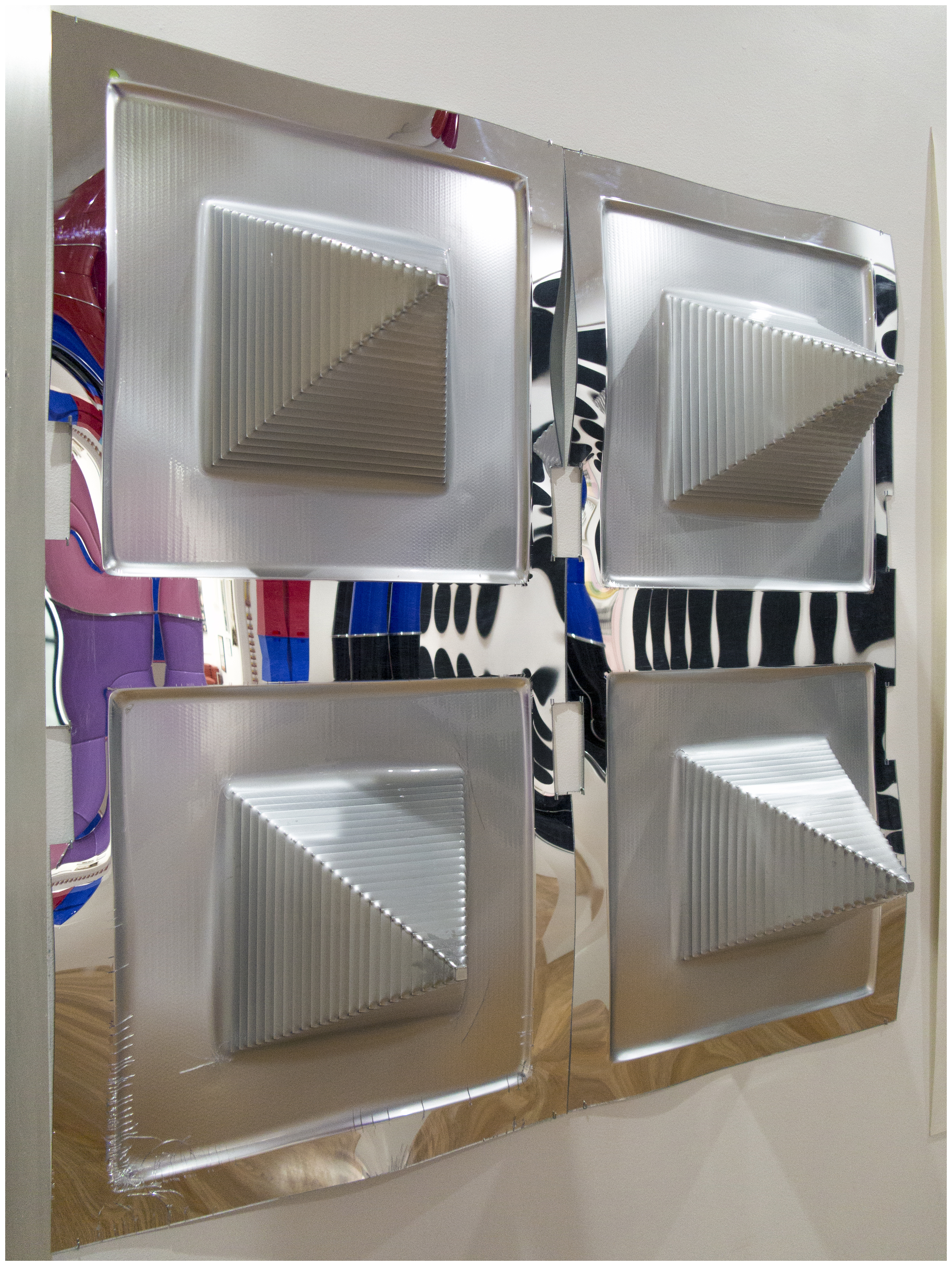 Don't Try Bucking the System ​(Remains), 2016Mirrored acrylic, square bend screw hooks53.938 x 53.844 x 12 in.137 x 136.76 x 30.48 cm