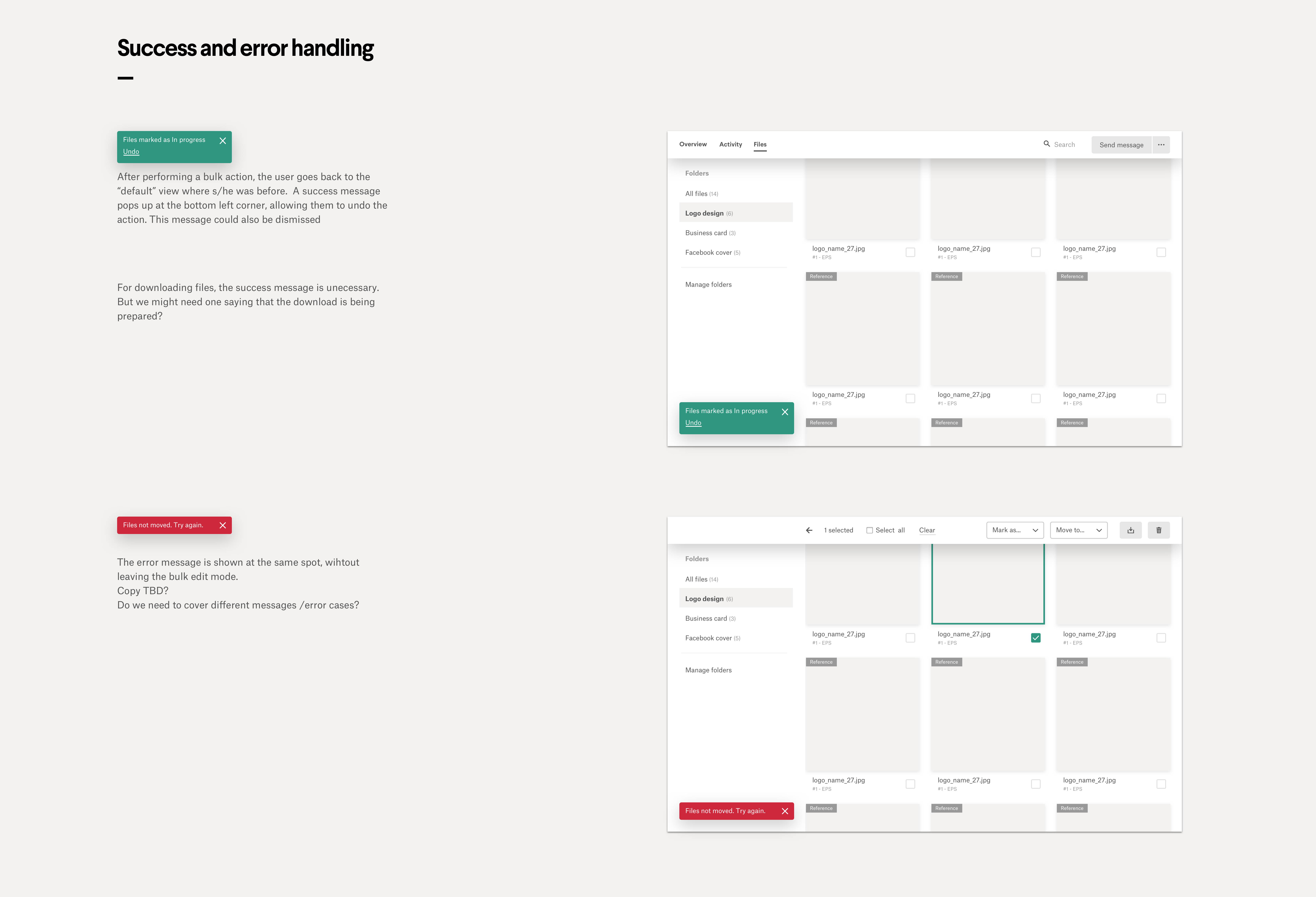 Design specs for error and success states in a project space