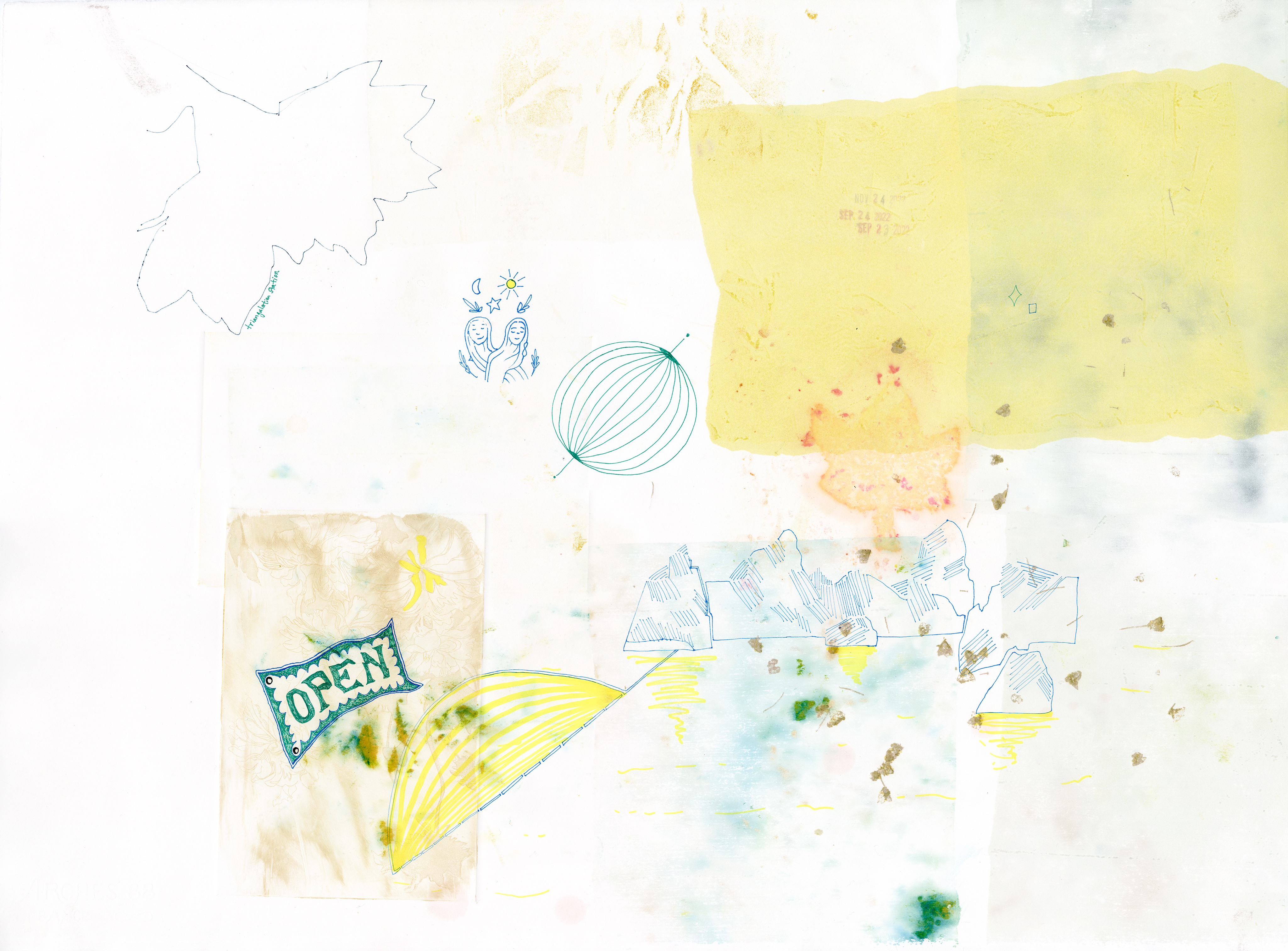 Drawing 42/56 from 56 days at the Dome House 22.5 x 30 inches, ink, Chine-collé, etching and stamps on Arches 88 paper - BUY