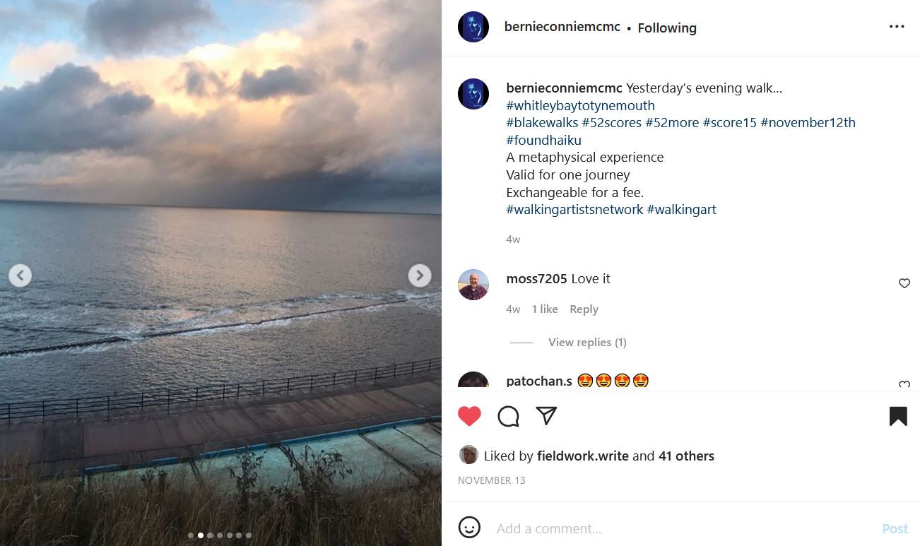 Instagram post by @bernieconniemcmc. A body of water with small tidal waves is visible with a sunset in the sky above it. There is a pathway in the foreground. The text reads: "bernieconniemcmc Yesterday’s evening walk… #whitleybaytotynemouth #blakewalks #52scores #52more #score15 #november12th #foundhaiku A metaphysical experience Valid for one journey Exchangeable for a fee. #walkingartistsnetwork #walkingart 4w"