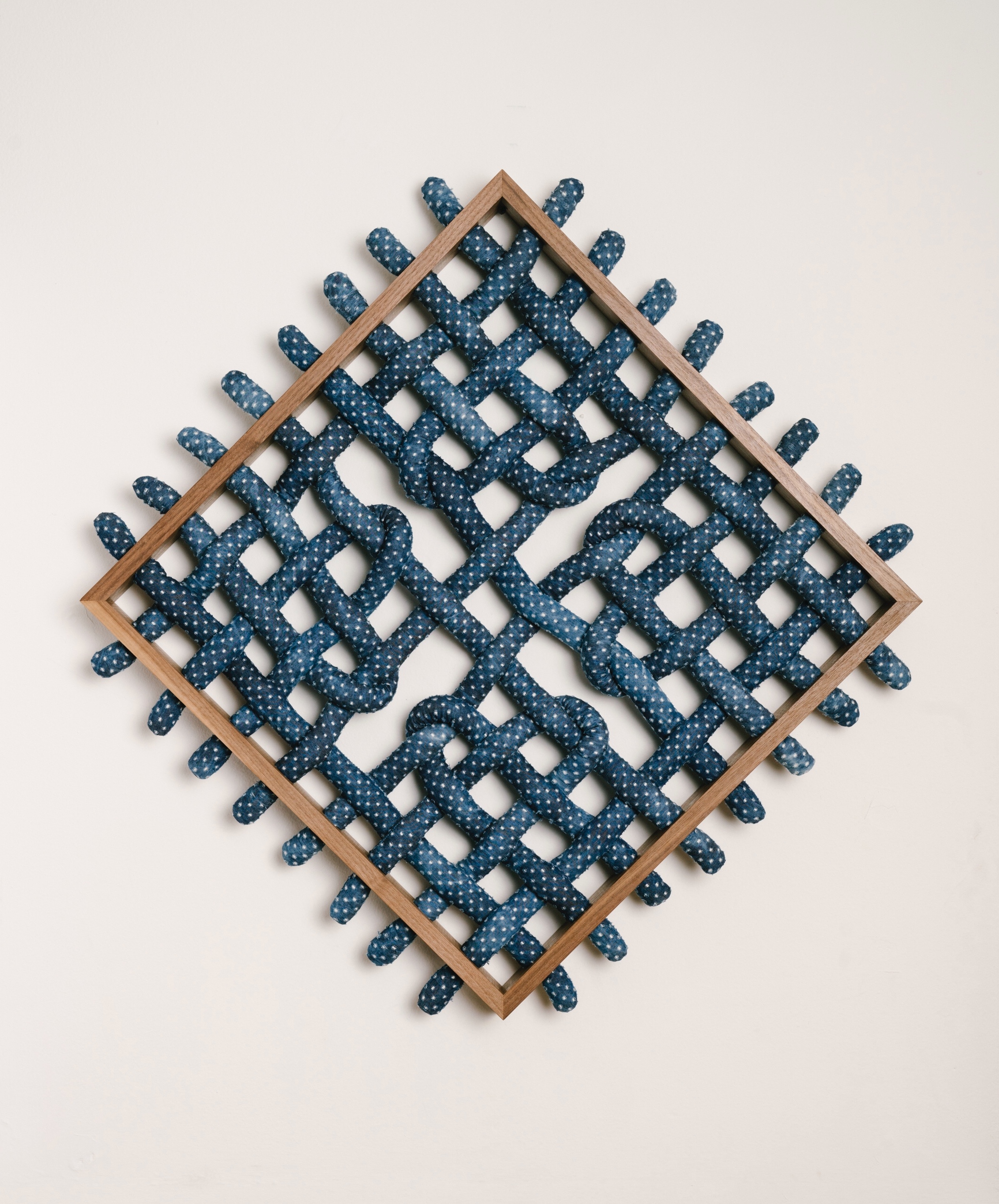 Twin Weave, 2016. chambray, cotton, hardwood, 28" x 28" x 3".