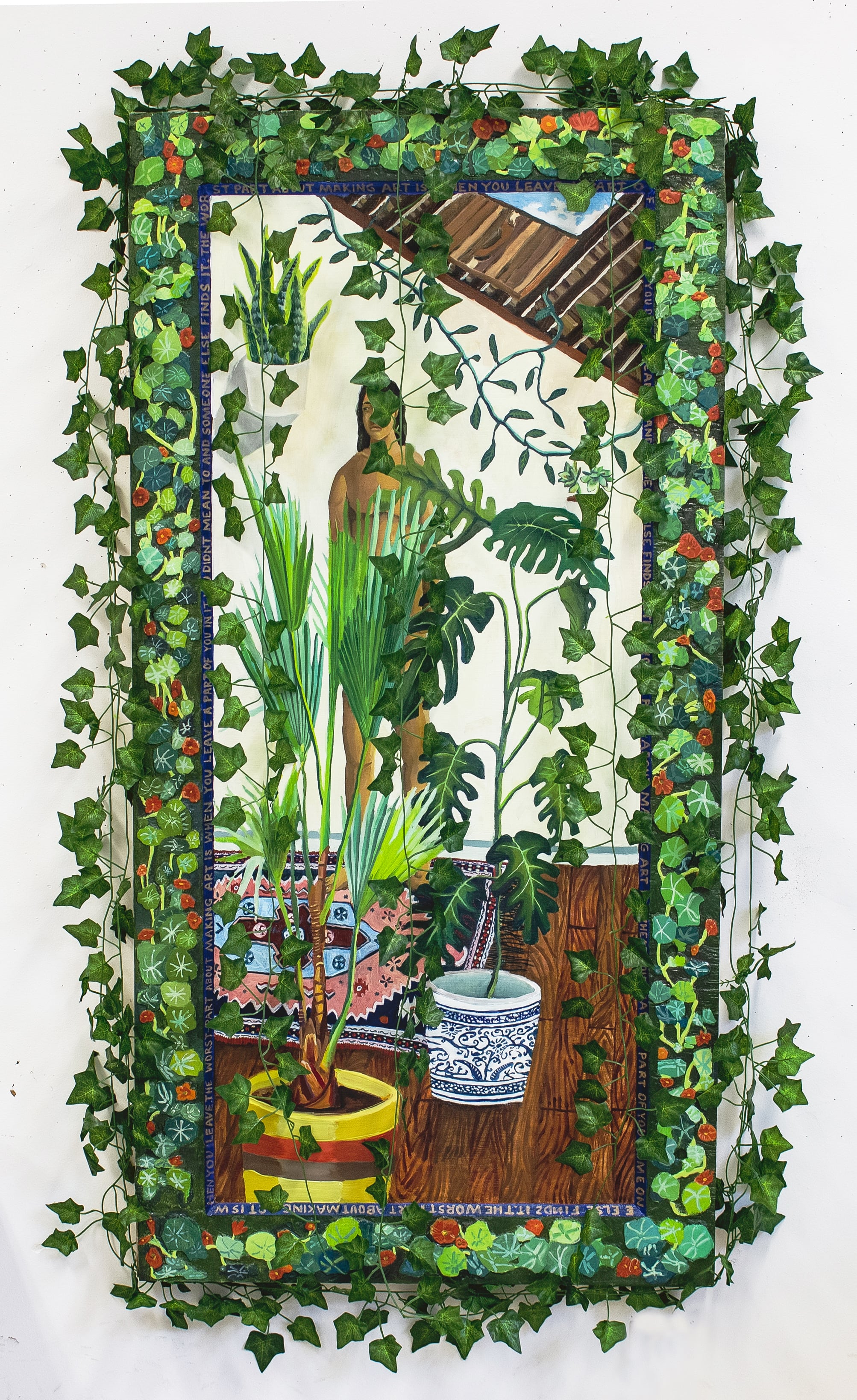 THEWORSTPARTABOUTM AKINGARTISWHENYOULE AVE(APARTOFYOUINITYOU DIDNTMEANTOANDSOME ONEELSEFINDSIT), 24in x 48in, Plastic ivies and oil on panel, 2021