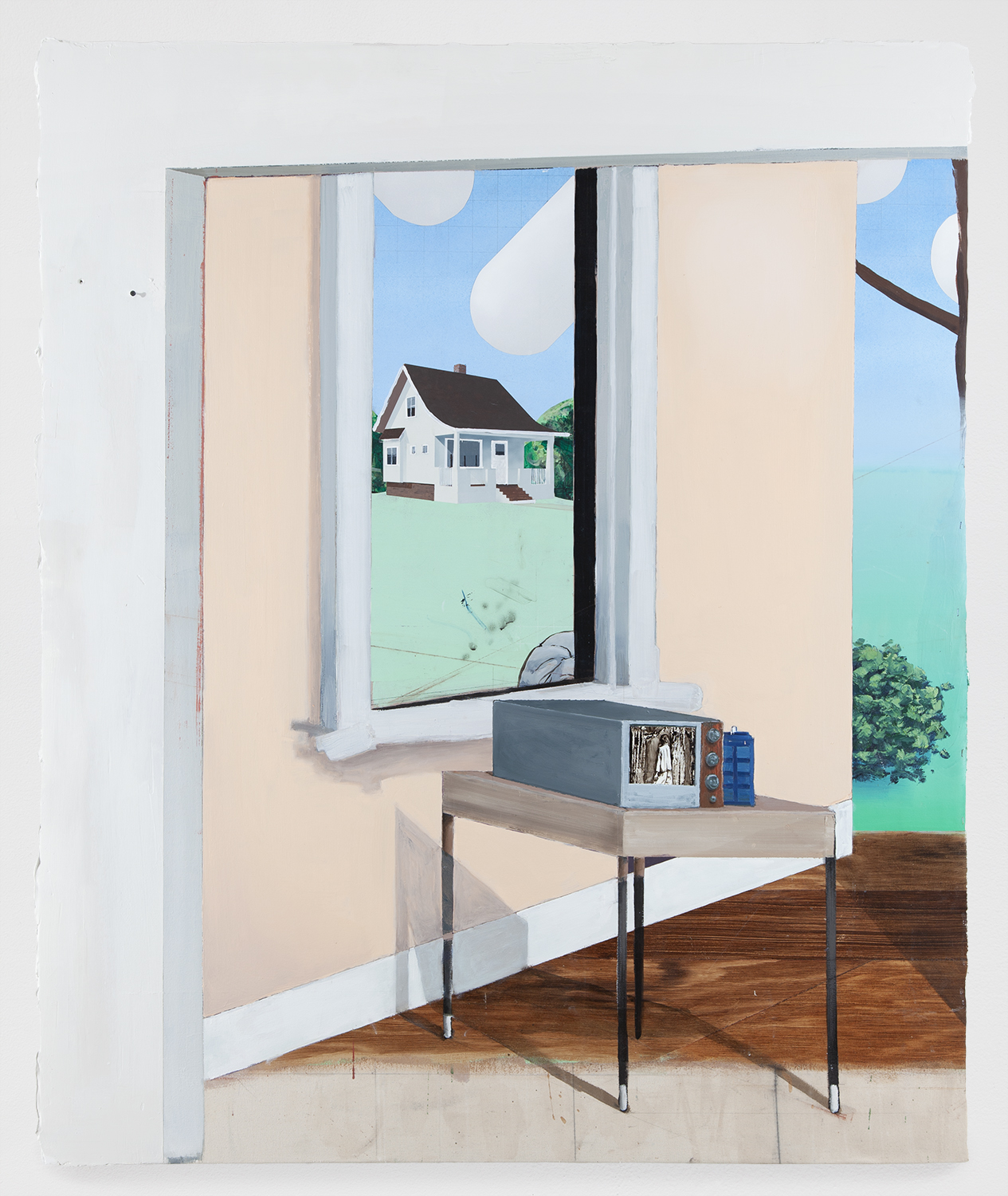 Proceed with Caution; Acrylic, oil paint, graphite, chalk, plaster and screw on canvas, mounted on panel; 55x56; 2018