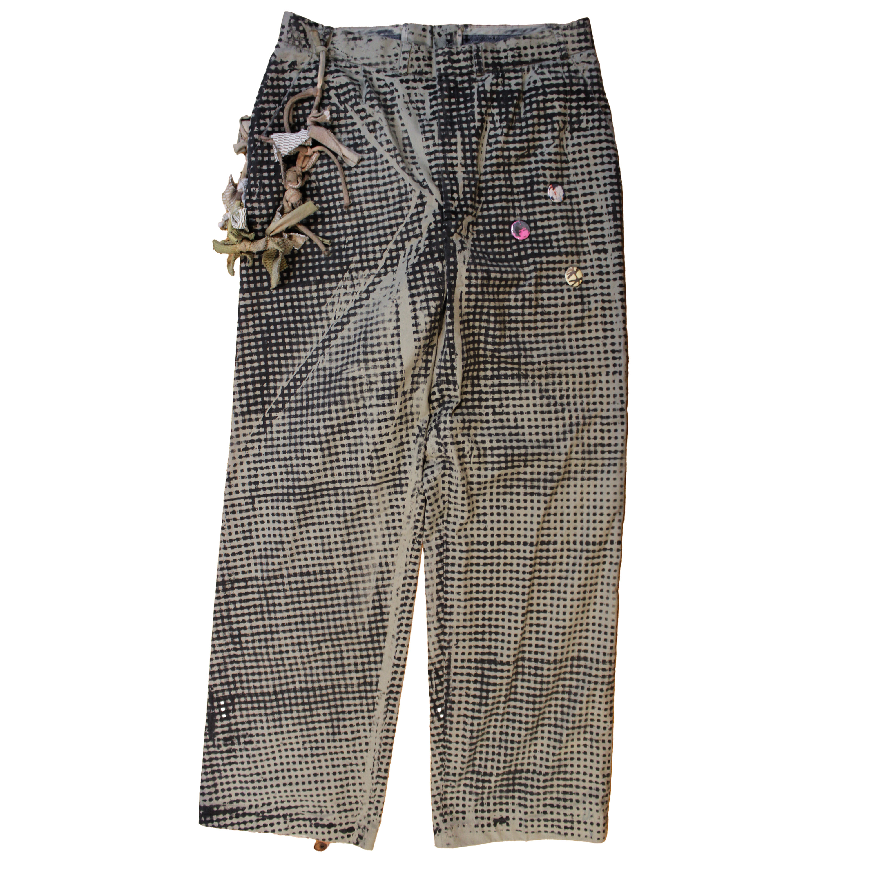 reclaimed vintage surplus dress pants screen printed with various metals and textile dye. tailored for straight/wide fit. fitted with custom keychain, scrap chain, and leather patches