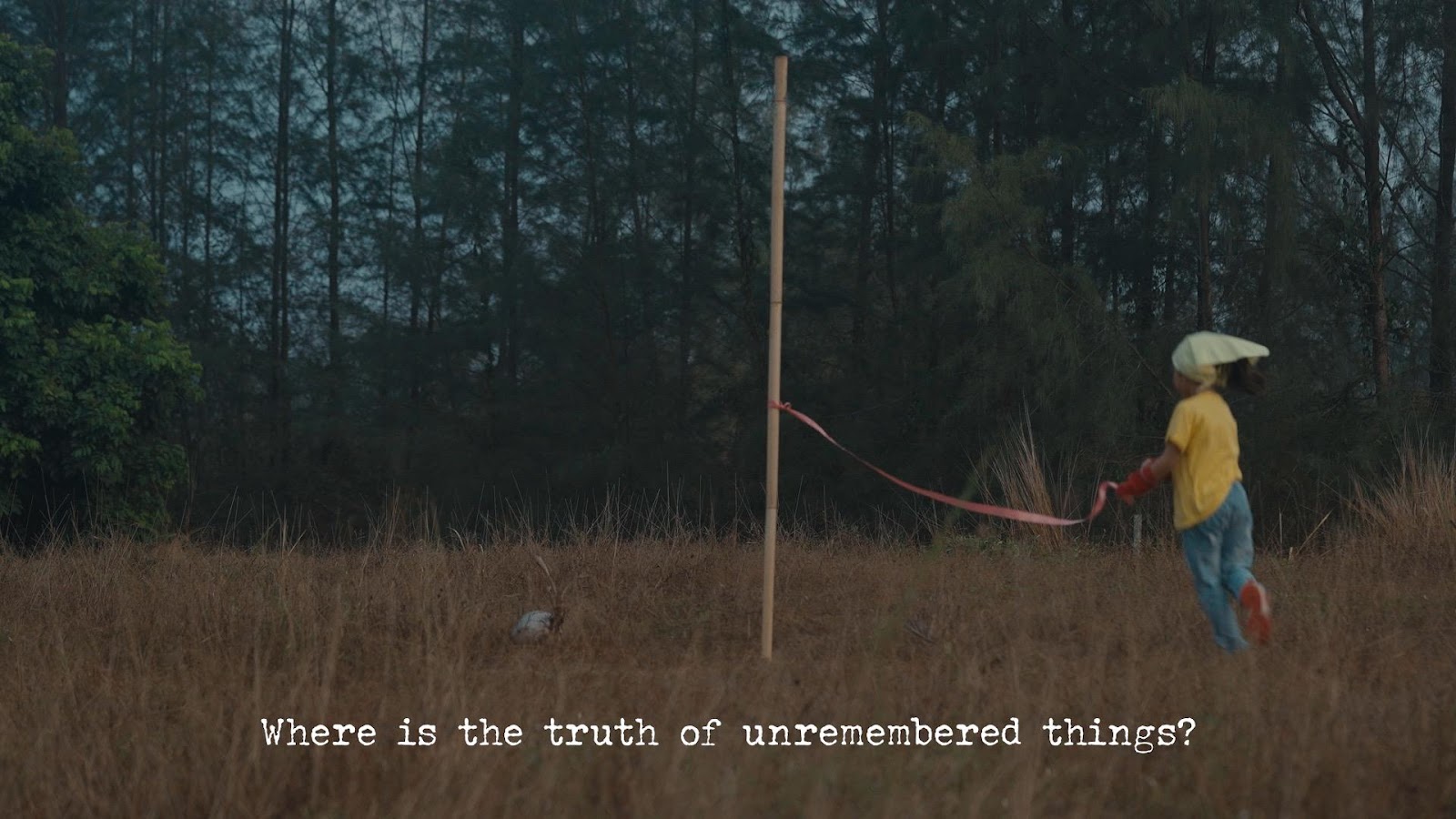 Video screenshot of a small child in jeans and a yellow t-shirt runs a pink ribbon around a tall wooden pole in the center of the frame, in dim light in front of a hazy forest. The subtitles at the bottom read: “Where is the truth of unremembered things?”