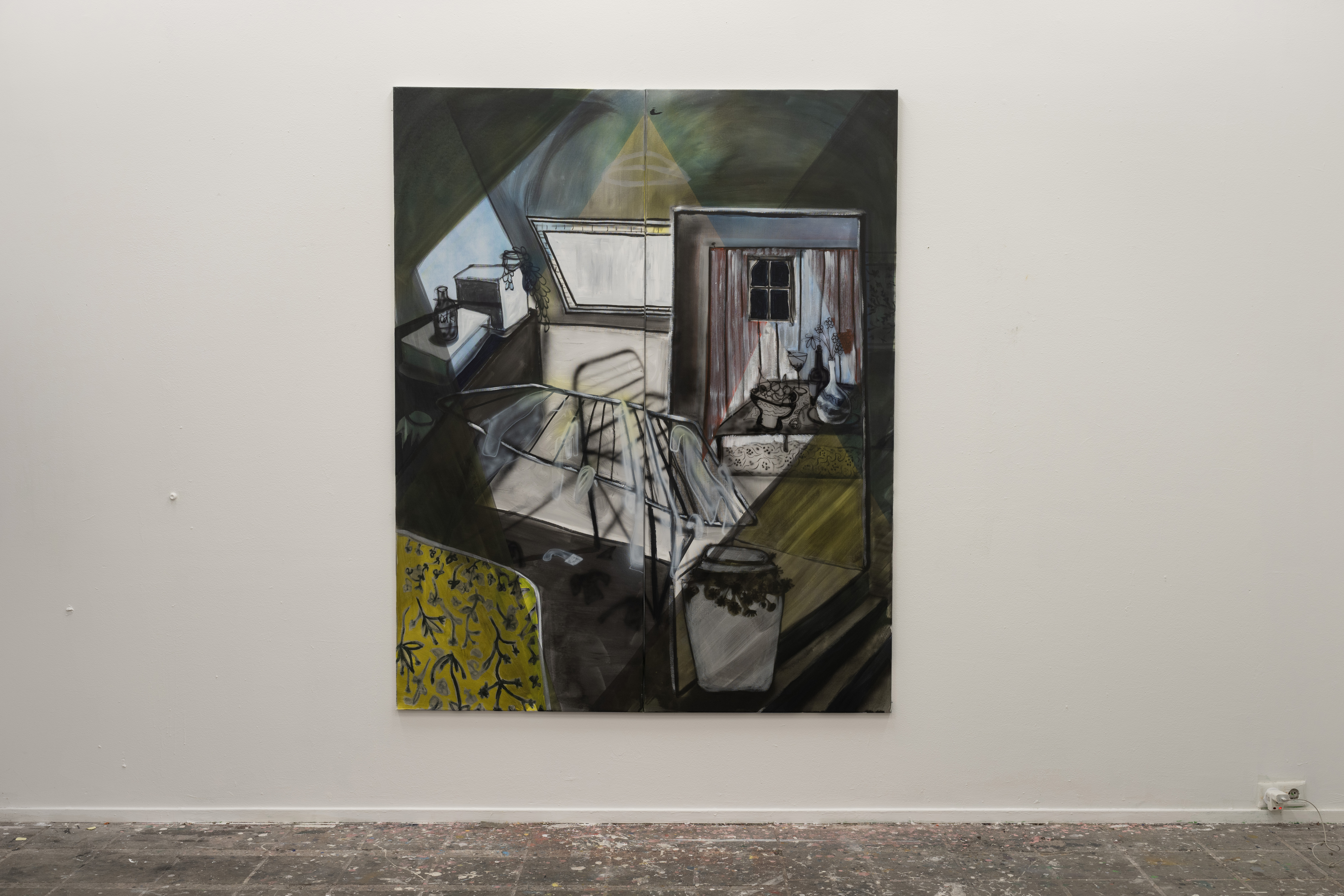 Waking up // 195 x 160 cm // Acrylic, ink, ecoline and airbrush on canvas // 2024