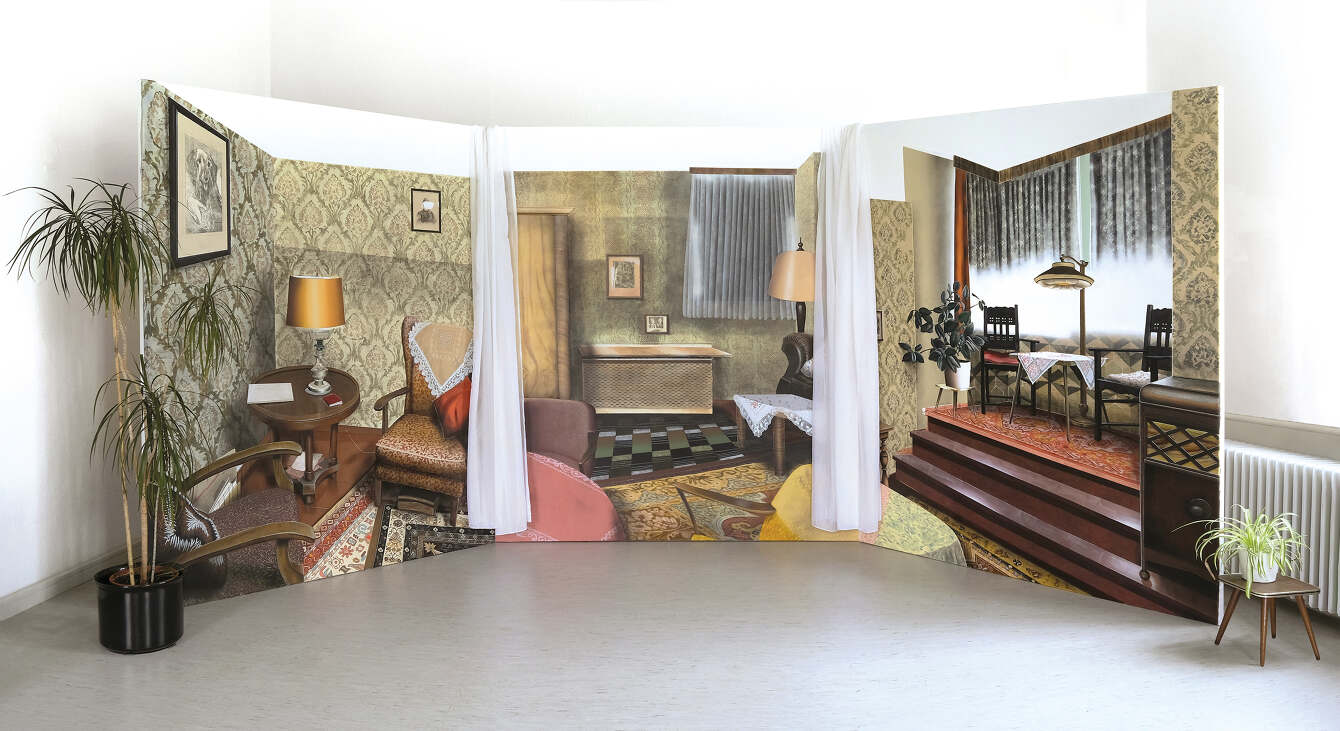 Gute Stube, Acrylics and colored pencils on canvas ca. 220 x 540 cm, 2023