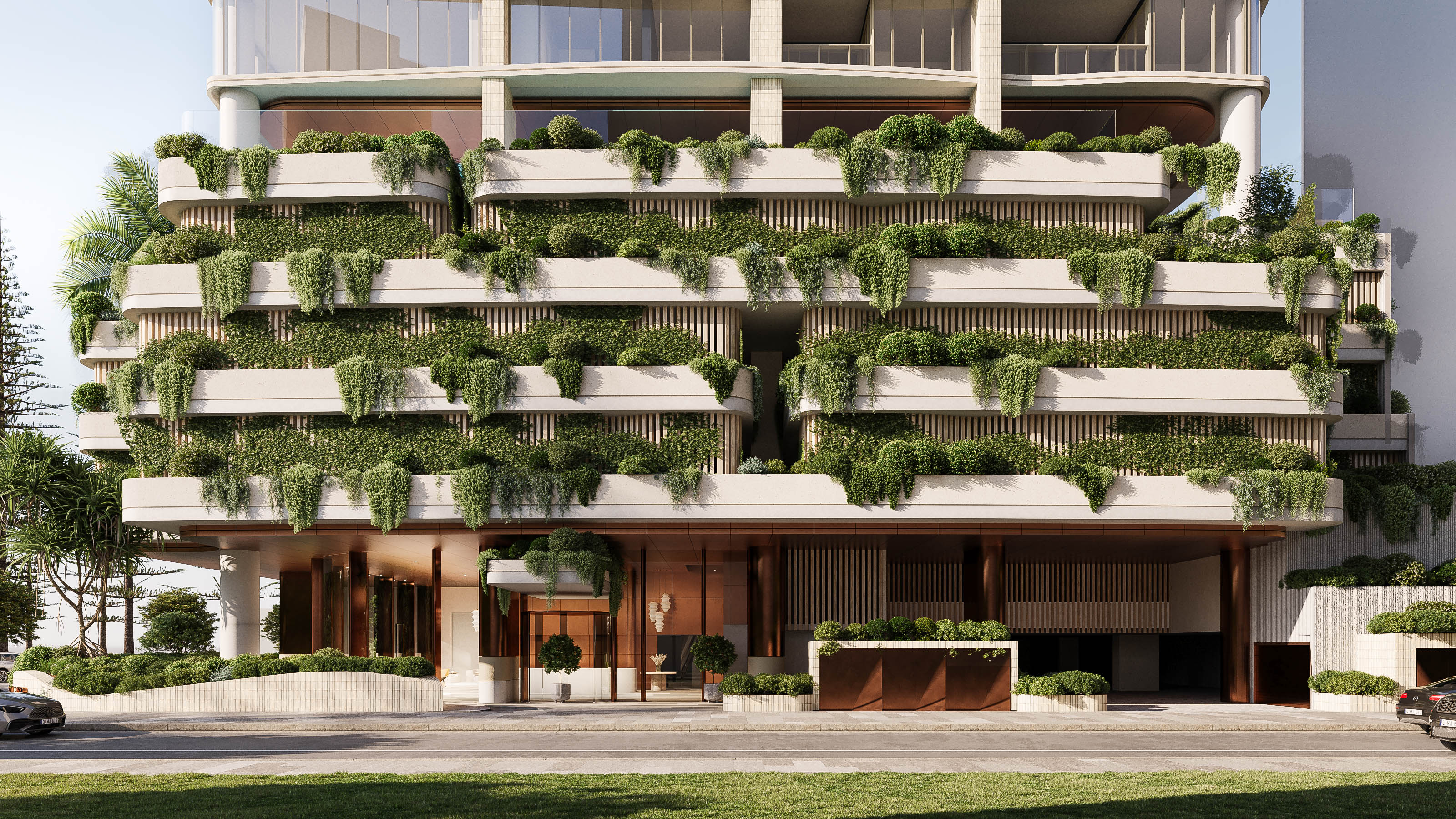 Modern apartment building facade with layered balconies featuring lush green plants and sustainable architectural design in an urban setting.