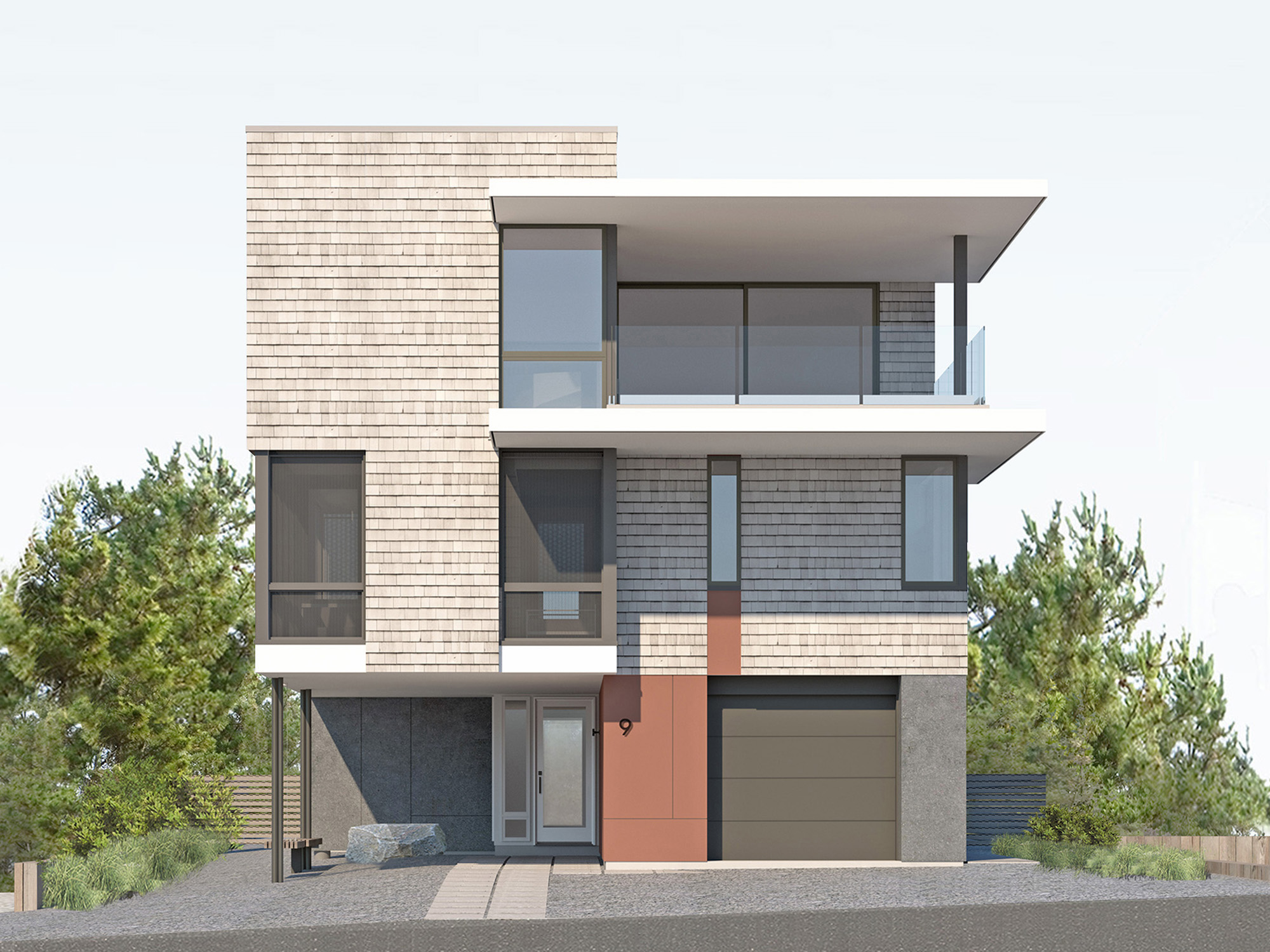 Architectural rendering of the modern three-story Gap House on Long Beach Island, showing the narrow profile, shingle siding, and front entry with integrated garage.