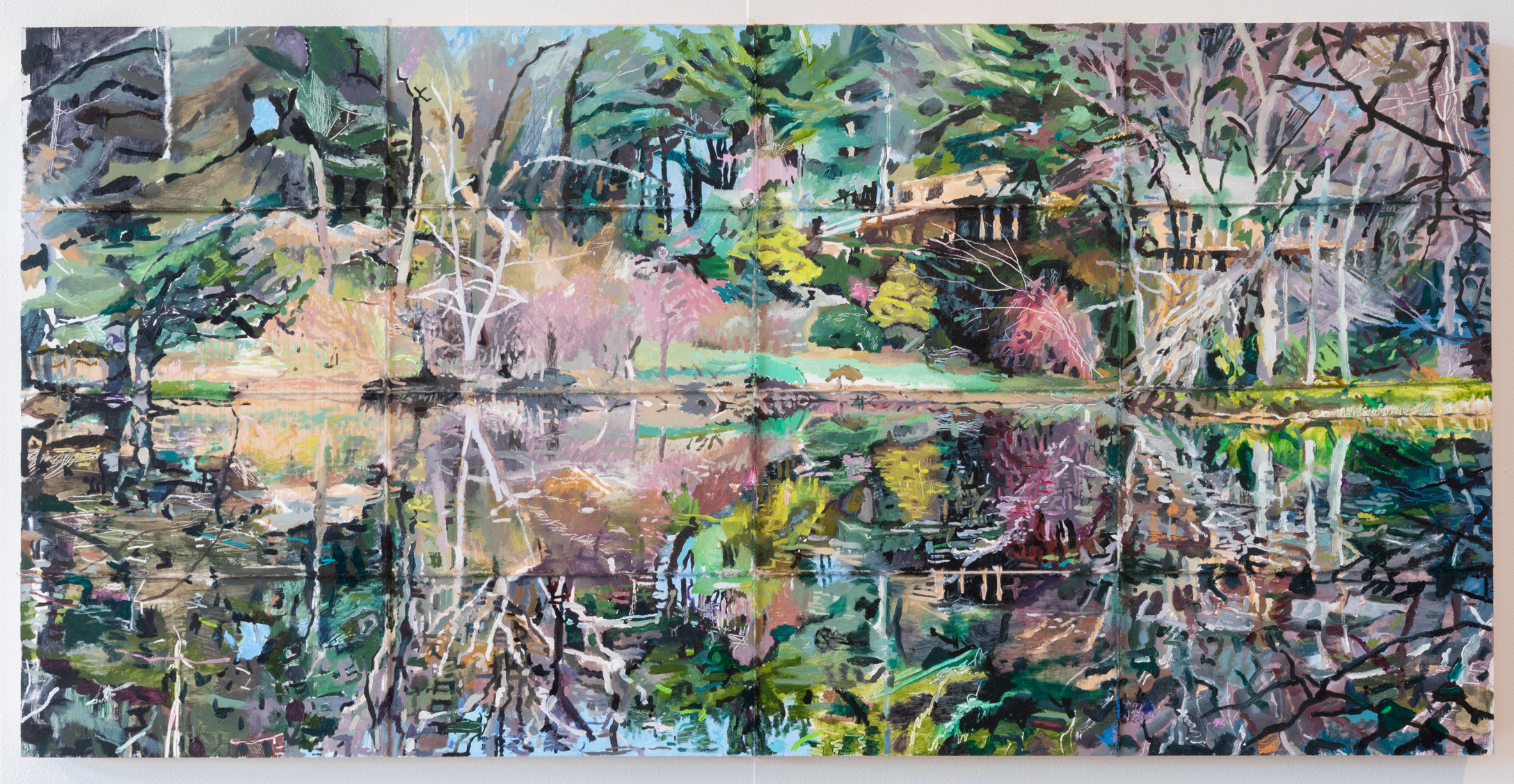 oil paint, yarn on panel, 48 x 24".