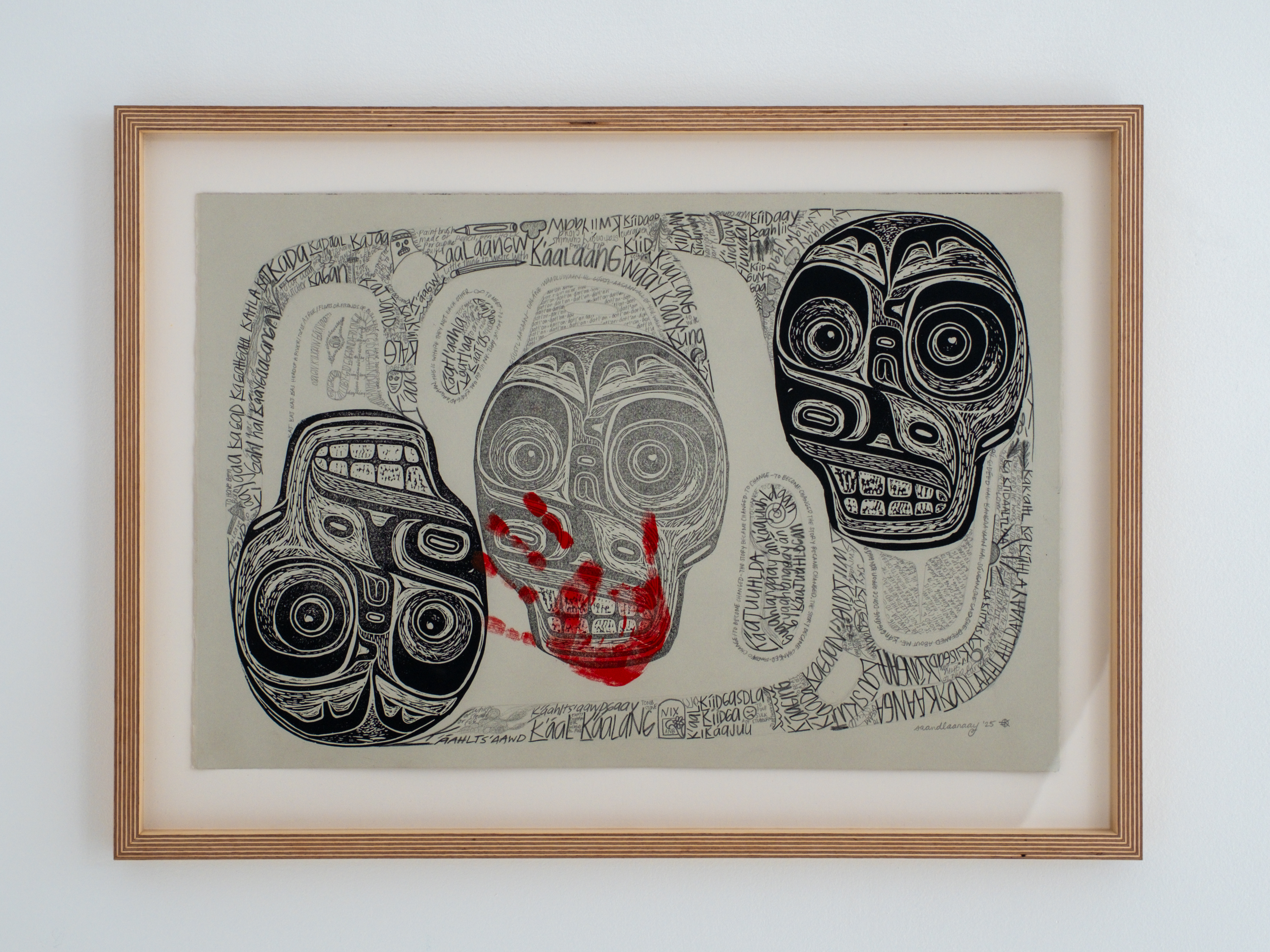 "(káada/at a loss for words)  gyaahlangaay án kaajuuhldgan/the story became changed", 15 x 22 inches, block print, pencil, colored pencil, & acrylic on paper, 2023-2025. (SOLD)