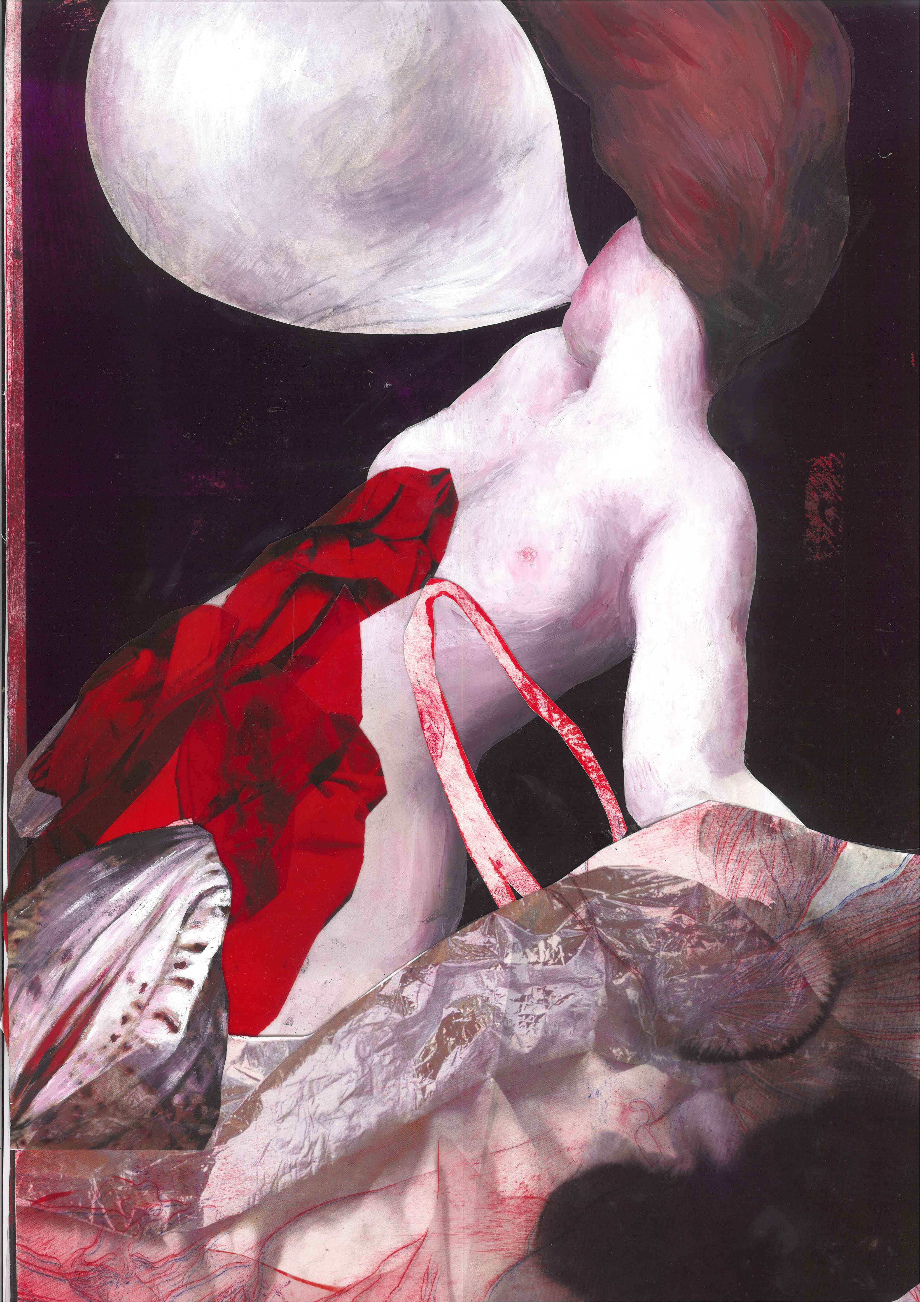 Ophelia #5 (Work in progress)Ölfarbe auf Papier, Collage mit verfremdeten Fotomaterial sowie Radierung, 28 x 44cmBuchprojekt „Es neigt ein Weidenbaum sich übern Bach“ Ophelias Tod nach Shakespeare2022-2023